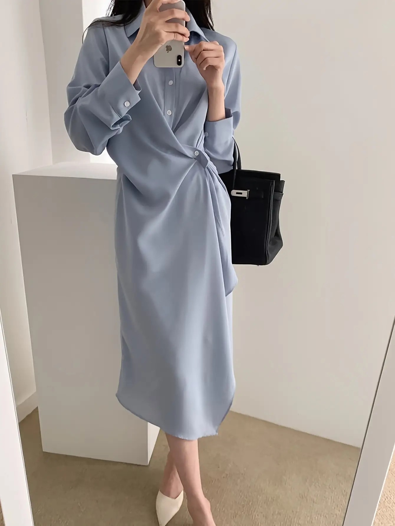 【全店30％OFF引き換え証】プルオーバー衣装 ロング レディース 長袖 好いたらしいめ 非対称 シャツワンピ 膝丈 ミモレ丈 春 夏 秋 衣装 襟付き添い人 きつい 酉の方角目じるし タック ギャザー カシュクール風 無地 分かりやすい 体型押しかぶせる 着痩