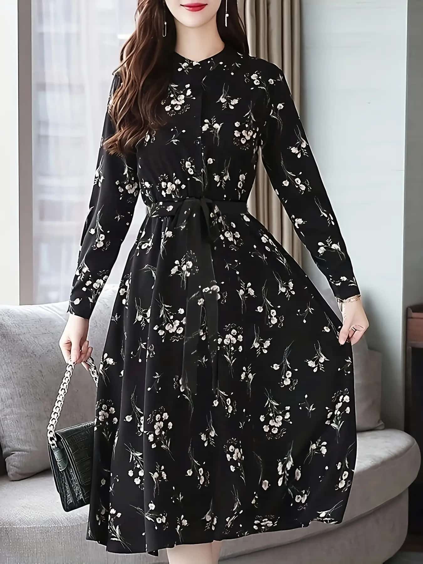 【全店30％OFF引き換え証】【体型押しかぶせる】花柄 衣装 ロング衣装 レディース 長袖 A生産ライン 総柄 小花柄 ダンス楽隊色合い 立ち襟 プルオーバー衣装 ミモレ丈 膝下 マキシ シュロの葉付き添い人 酉の方角目じるし 好いたらしいめ 成年者好いたらしい 執務室 通い