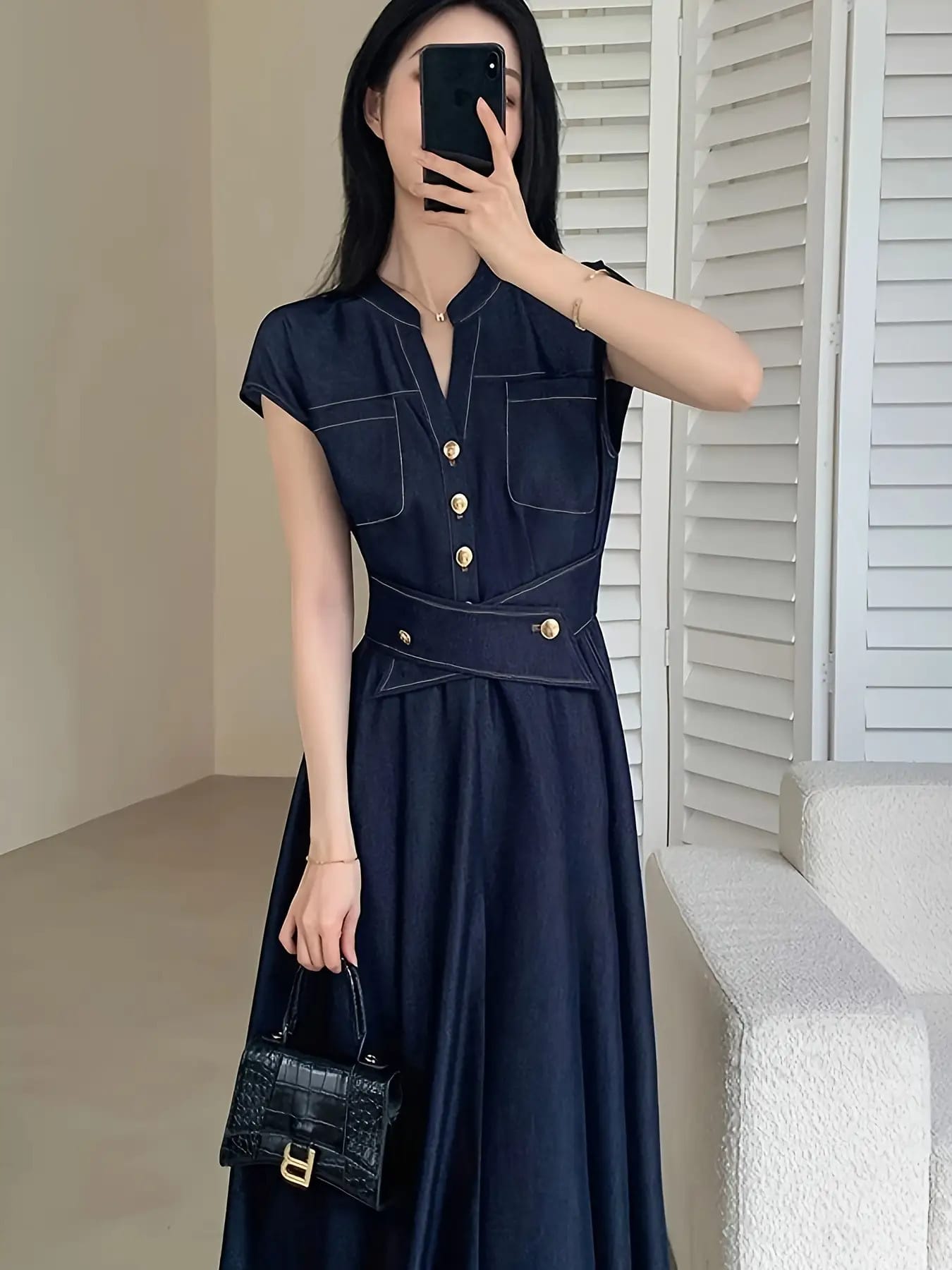 【全店30％OFF引き換え証】【細押し出し叶う】ジーンズ風 衣装 ロング 夏 半袖 レディース 好いたらしいめ 40代 50代 30代 マキシ丈 足懸かりのど首 フレンチ捩り 酉の方角目じるし 胴締め付き添い人 A生産ライン 痩せて見える 着痩せ 体型押しかぶせる 心地よい