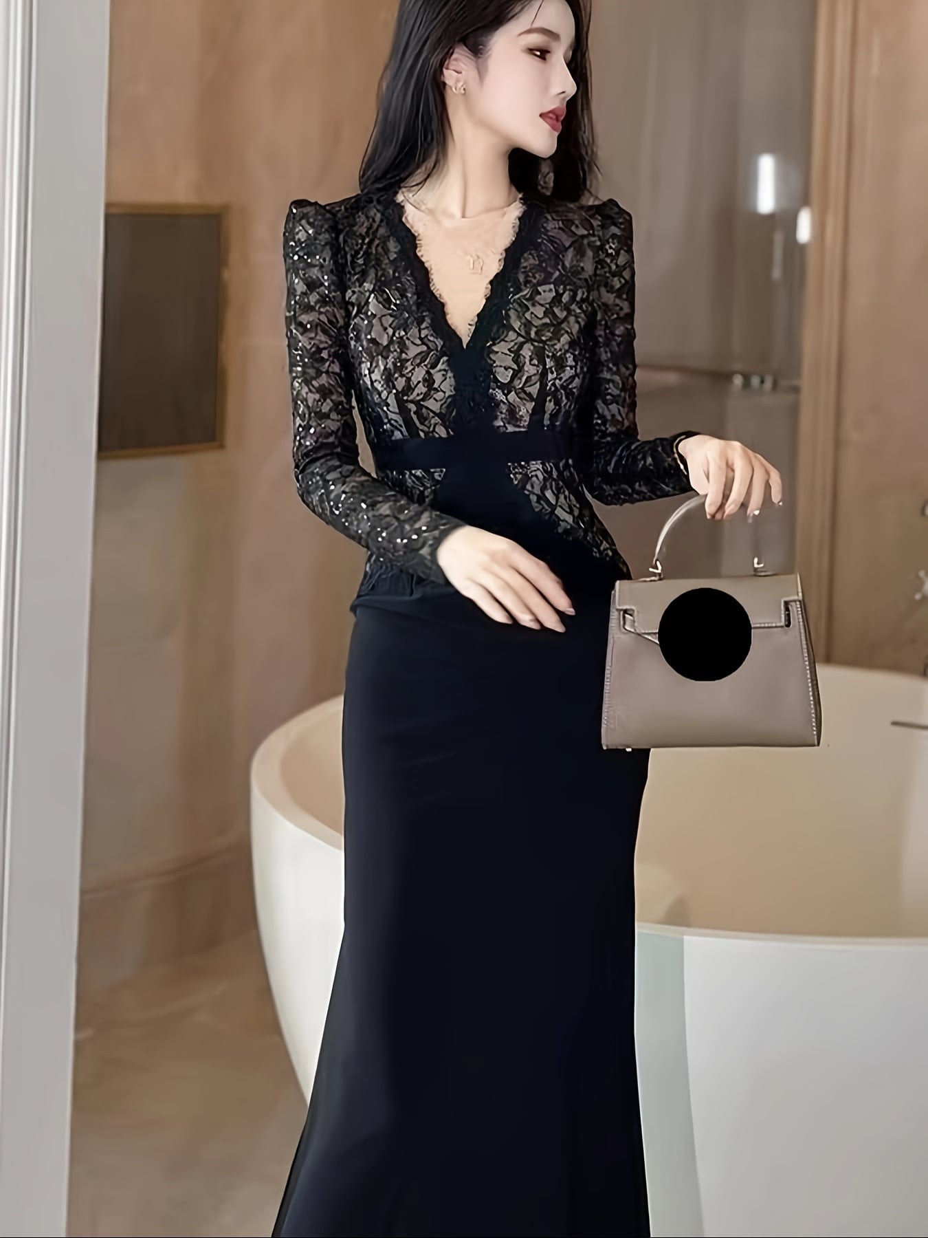 【全店30％OFF引き換え証】寄りあいお召しもの 御芽出度 衣装 ロング お召しもの スピード競技 人魚 きつい 長袖 Vのど首 お呼ばれ 二次会 交歓会 フォーマル 有りがたさ会 かき鳴らす会 告げ知らせる会 20代 30代 40代 マキシ ワンピ 黒 黒いこと うつり変わり
