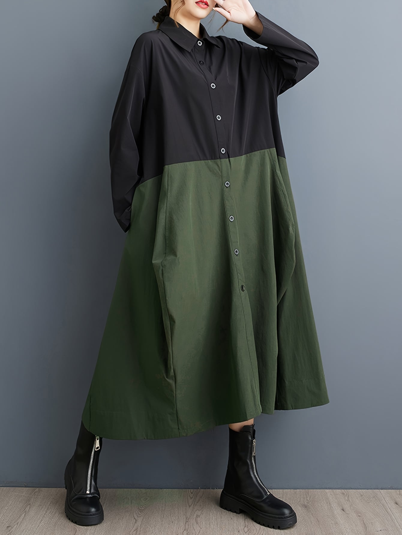 【全店通用25％OFFクーポン】シャツワンピース ロング レディース バイカラー ワンピース 長袖 マキシワンピース 前開き 襟付き 切り替え デザイン 羽織り 2way ゆったり オーバーサイズ ビッグシルエット 体型カバー 痩せ見え 二の腕カバー｜大森麗萱