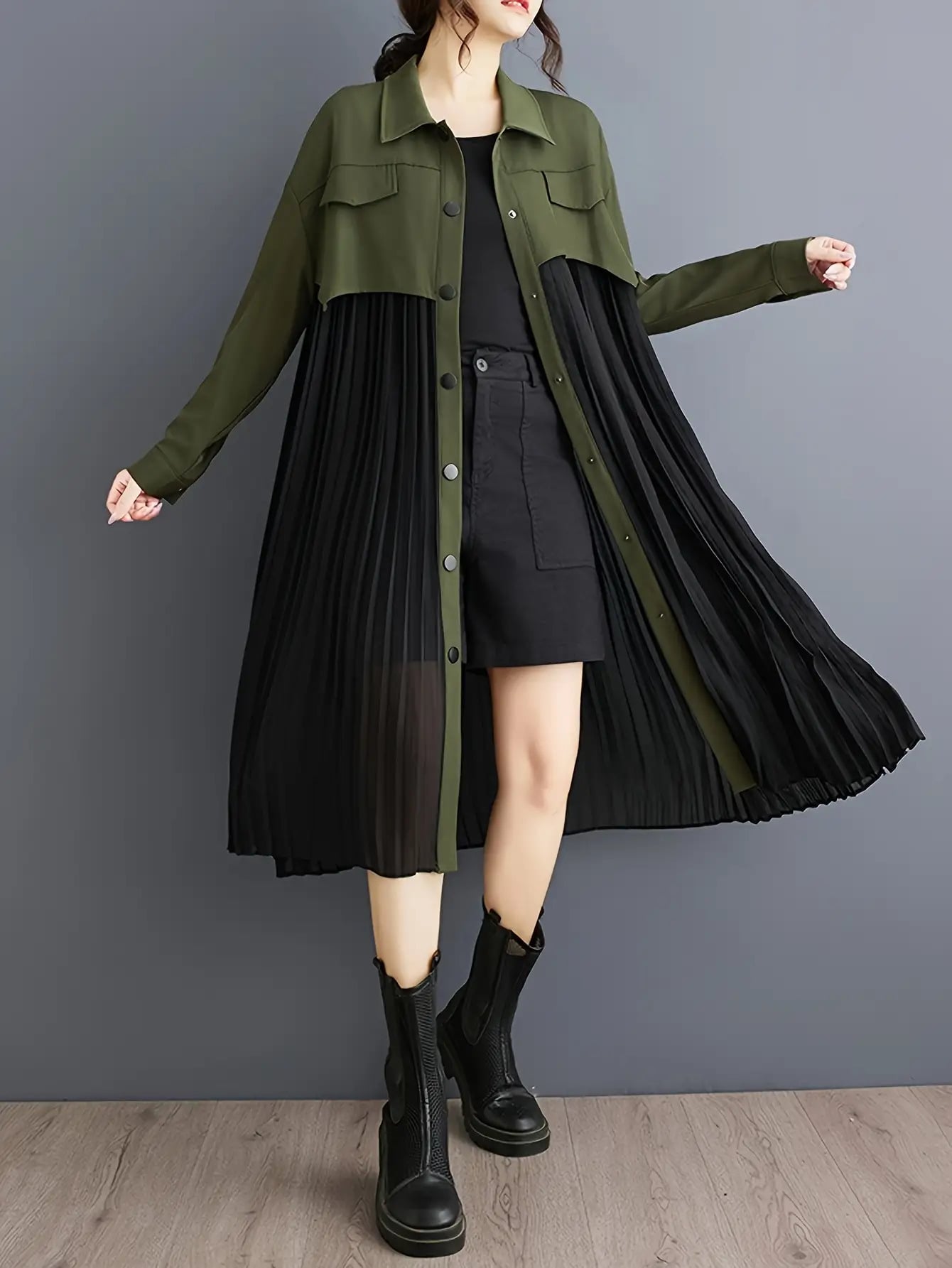 【全店通用25%OFFクーポン】シャツワンピース ロングワンピース バイカラー プリーツ 切替 長袖 襟付き 前開き 羽織り 体型カバー レディース ワンピ チュニック ロング丈 ミモレ丈 膝下 切り替え 配色 異素材 Aライン ゆったり 大きいサイ|大森麗萱