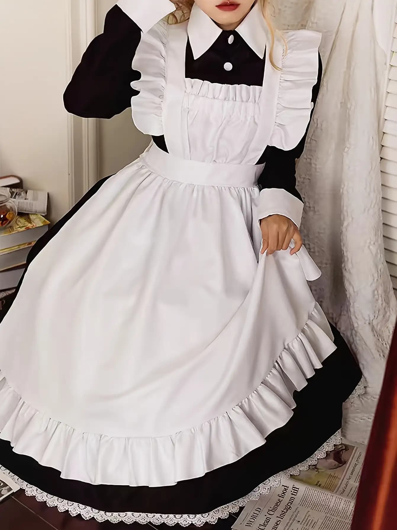 【全店通用25%OFFクーポン】【本格メイド服】メイド服 ロング コスプレ 長袖 エプロン カチューシャ 3点セット クラシック 英国風 ワンピース ロング丈 ドレス 黒 白 モノトーン レトロ ゴスロリ ロリータ 衣装 仮装 コスチューム ハロウィ|大森麗萱