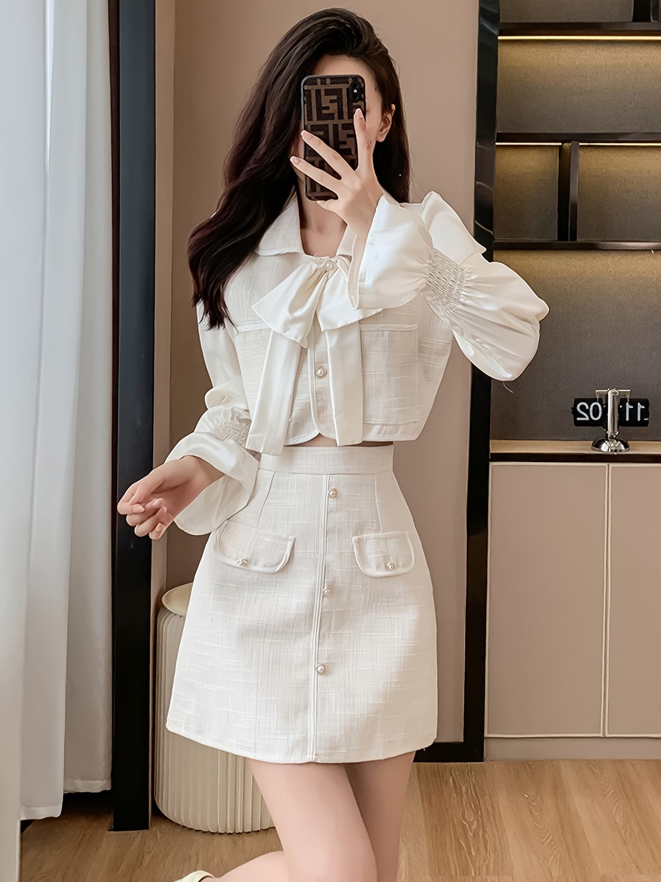 【全店通用25%OFFクーポン】【大人可愛い】 セットアップ レディース ジャケット スカート 2点セット 上下セット スーツ リボン ボウタイ パールボタン 長袖 ボリューム袖 ショート丈 ミニスカート 台形スカート Aライン ツイード風 ジャガー|大森麗萱