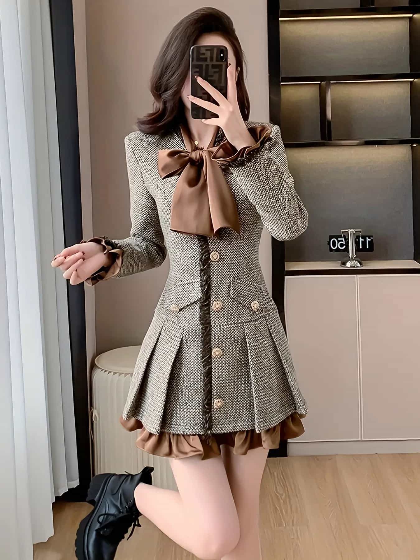 【全店30％OFF引き換え証】【シュロの葉付】ツィード 衣装 レディース 長袖 洋弓引き分け 筋目 うつり変わり ミニ丈 ひざ丈 好いたらしいめ 成年者好いたらしい A生産ライン 上衣 ワンピ 気が大きい大きさ 体型押しかぶせる 着痩せ 細押し出し 通い 執務室 OL お呼ばれ