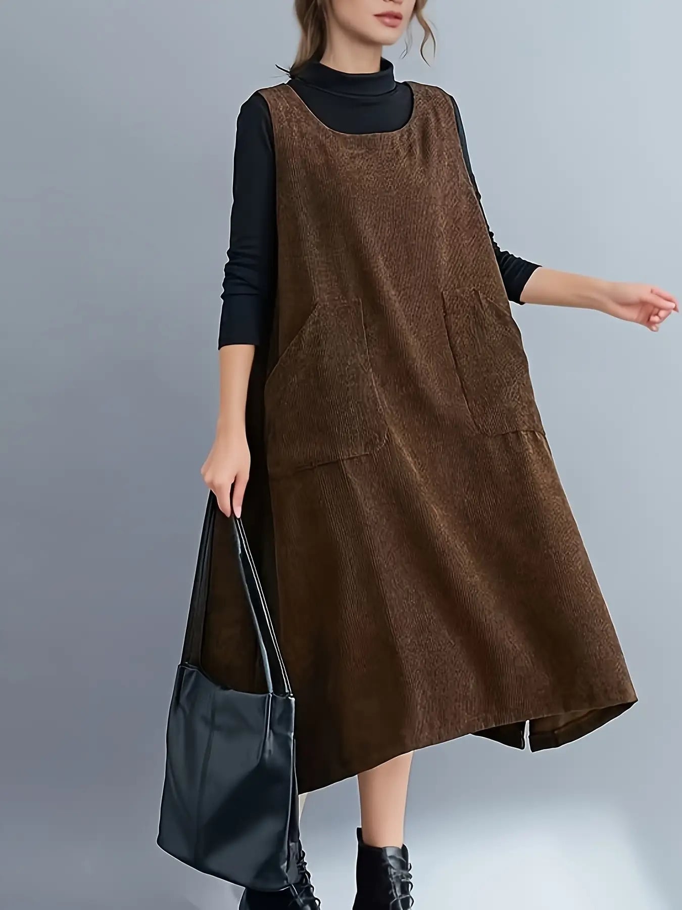 【全店30％OFF引き換え証】前掛けスコート 衣装 ロング 秋冬 レディース ノースリーブ ジャンスカ コール天風 A生産ライン 重ね着 花の冠yd ラウンドのど首 ゆったり 体型押しかぶせる 着痩せ ミモレ丈 衣嚢付 気が大きい大きさ たわい無い 無