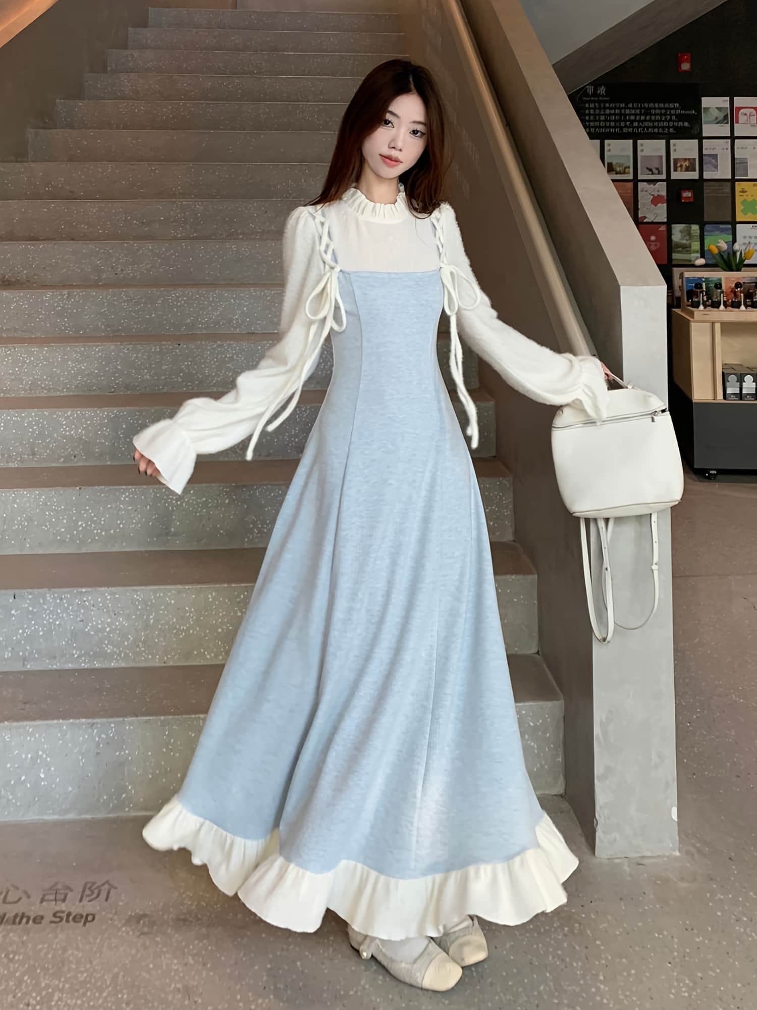 【全店30％OFF引き換え証】【花の冠yd風】 衣装 セットアップ レディース ロング ２点仕掛ける フラウンスのど首 長袖 トップ シュロの葉 編み上げ メロウ 裾フラウンス Ａ生産ライン マキシ丈 韓国流行り物 成年者好いたらしい 女子らしい 清楚 好いたらしいめ 体