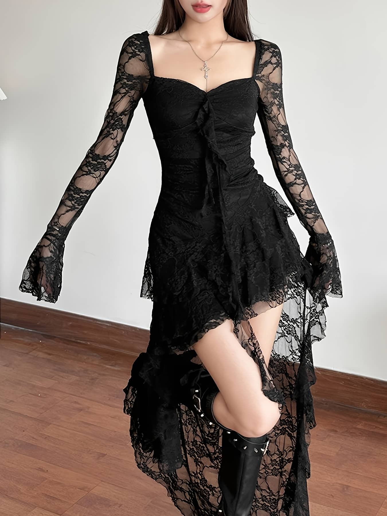 【全店通用25%OFFクーポン】【セクシー美脚】 ワンピース レディース ドレス 総レース シースルー 透け感 アシンメトリー フィッシュテール フリル タイト スリム 長袖 スクエアネック 膝丈 ミニ ロング パーティー 結婚式 二次会 お呼ばれ|大森麗萱