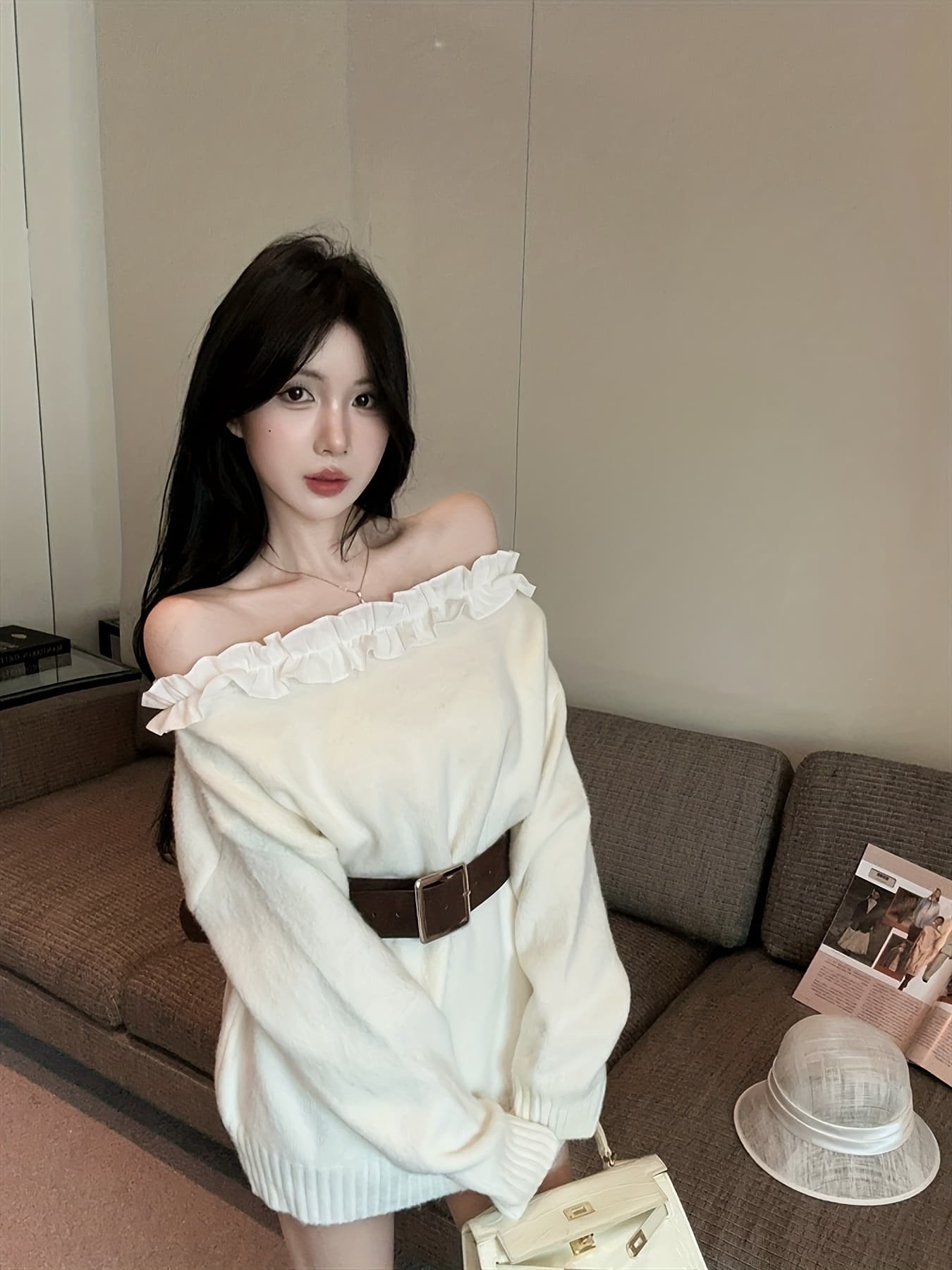 【全店30％OFF引き換え証】【成年者女子らしい】 オフショルダー 編み物衣装 フラウンス オフショル ワンピ 膝丈 ミニ 上衣 長袖 酉の方角目じるし 胴締め付き添い人 体型押しかぶせる 着痩せ 細押し出し ?奢押し出し 鎖骨出し レトロ 古典派音楽 ガーリー きれ