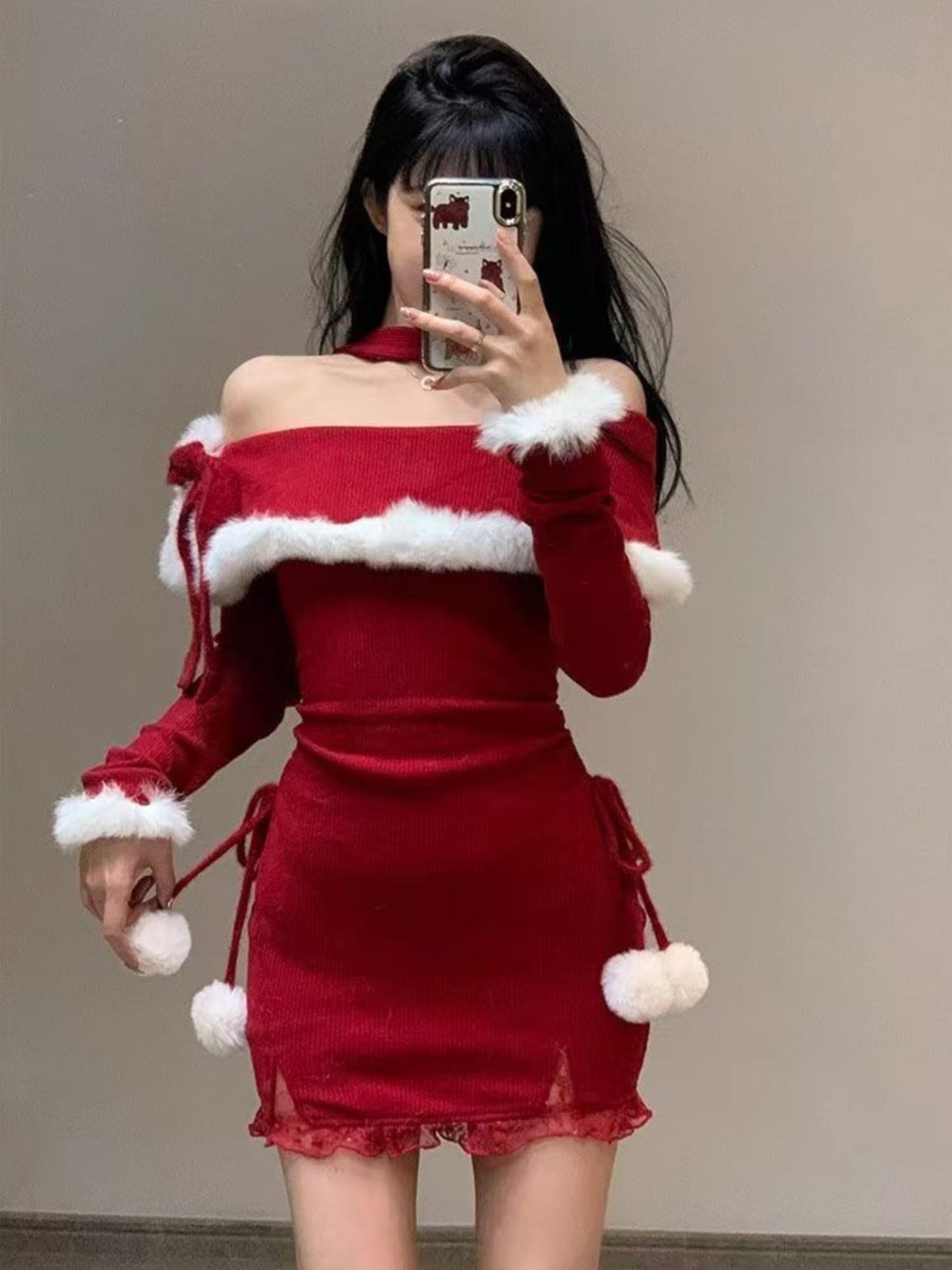 【全店30％OFFクーポン券】【クリスマス押さえる】サンタ コスプレ 衣装 レディース 赤 長袖 オフショルダー 編み物衣装 ミニ丈 きつい 毛革付き添い人 ポンポン スピード競技 生あたたかい 裏起毛 膝上 ワンピ 御召しもの 上着 好いたらしいめ 好いたらしい セク