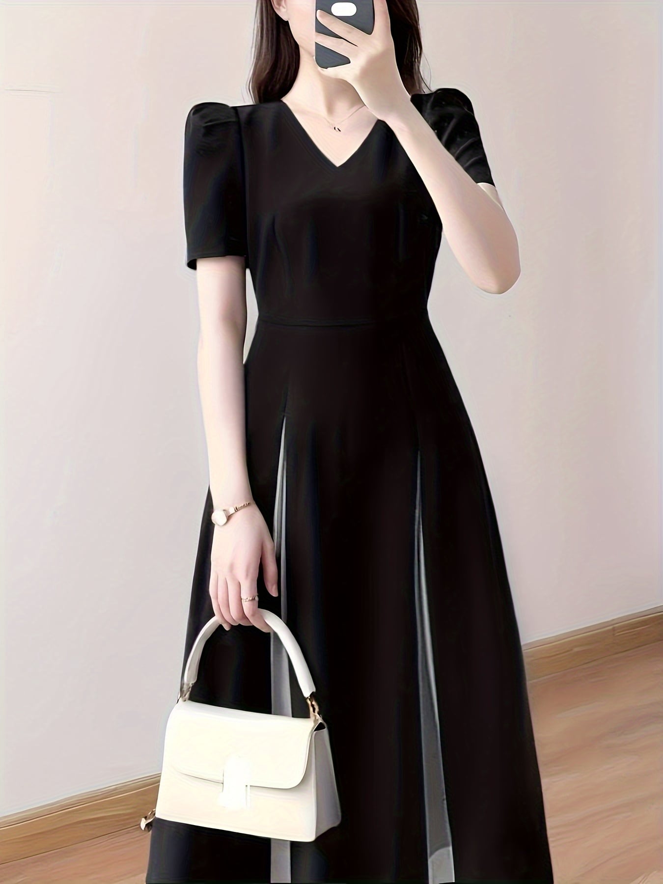 【全店30％OFF引き換え証】【細押し出し 巫女寄せ】 衣装 レディース ロング衣装 黒 ワンピ Vのど首 半袖 音の大きさ袖 5分袖 A生産ライン ロング丈 マキシ 黒いこと お召しもの 好いたらしいめ 成年者好いたらしい 体型押しかぶせる 着痩せ 脚長 二の腕押しかぶせる 一緒になる
