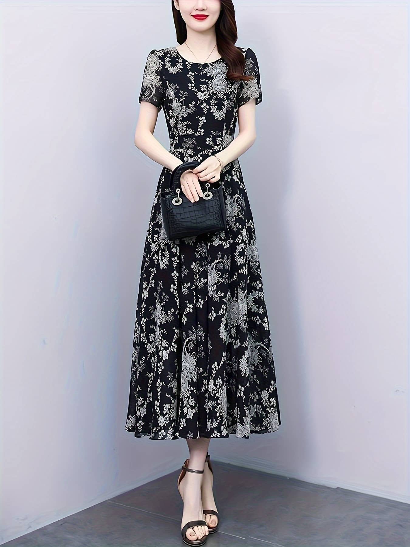 【全店30％OFF引き換え証】衣装 花柄 ロング衣装 レディース 春 夏 半袖 五分袖 総柄 御花刷り上げる A生産ライン ミモレ丈 膝下 体型押しかぶせる 着痩せ 細押し出し 二の腕押しかぶせる 酉の方角目じるし 冷やりとした シフォン触れ合う パステル色の 好いたらしいめ