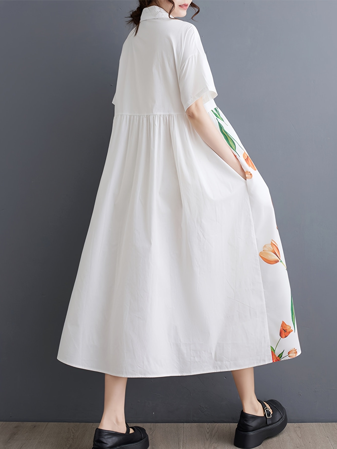 【全店通用25％OFFクーポン】【爽やか花柄】 シャツワンピース レディース ロング ワンピース チューリップ 花柄 半袖 襟付き Aライン 膝下 ミモレ丈 体型カバー ゆったり 大きいサイズ 二の腕カバー 着痩せ 涼しい コットンタッチ 軽い 楽ち｜大森麗萱