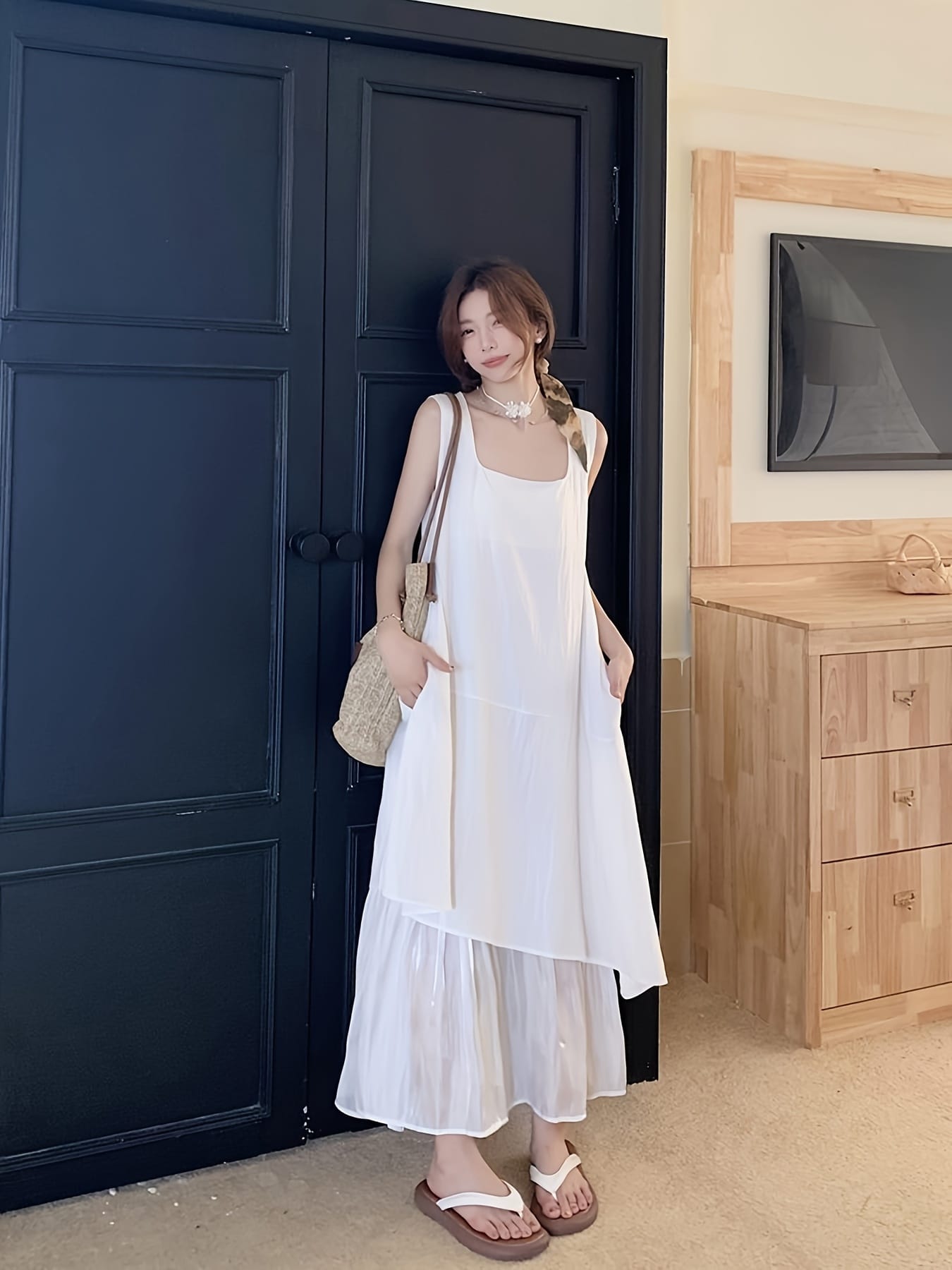 【全店30％OFF引き換え証】【体型押しかぶせる】衣装 ロング レディース ノースリーブ 真四角のど首 非対称 ティアード うつり変わり A生産ライン ミモレ丈 無地 ゆったり 着痩せ 二の腕押しかぶせる 細押し出し たわい無い 透けない 洗える 心地よい きれ