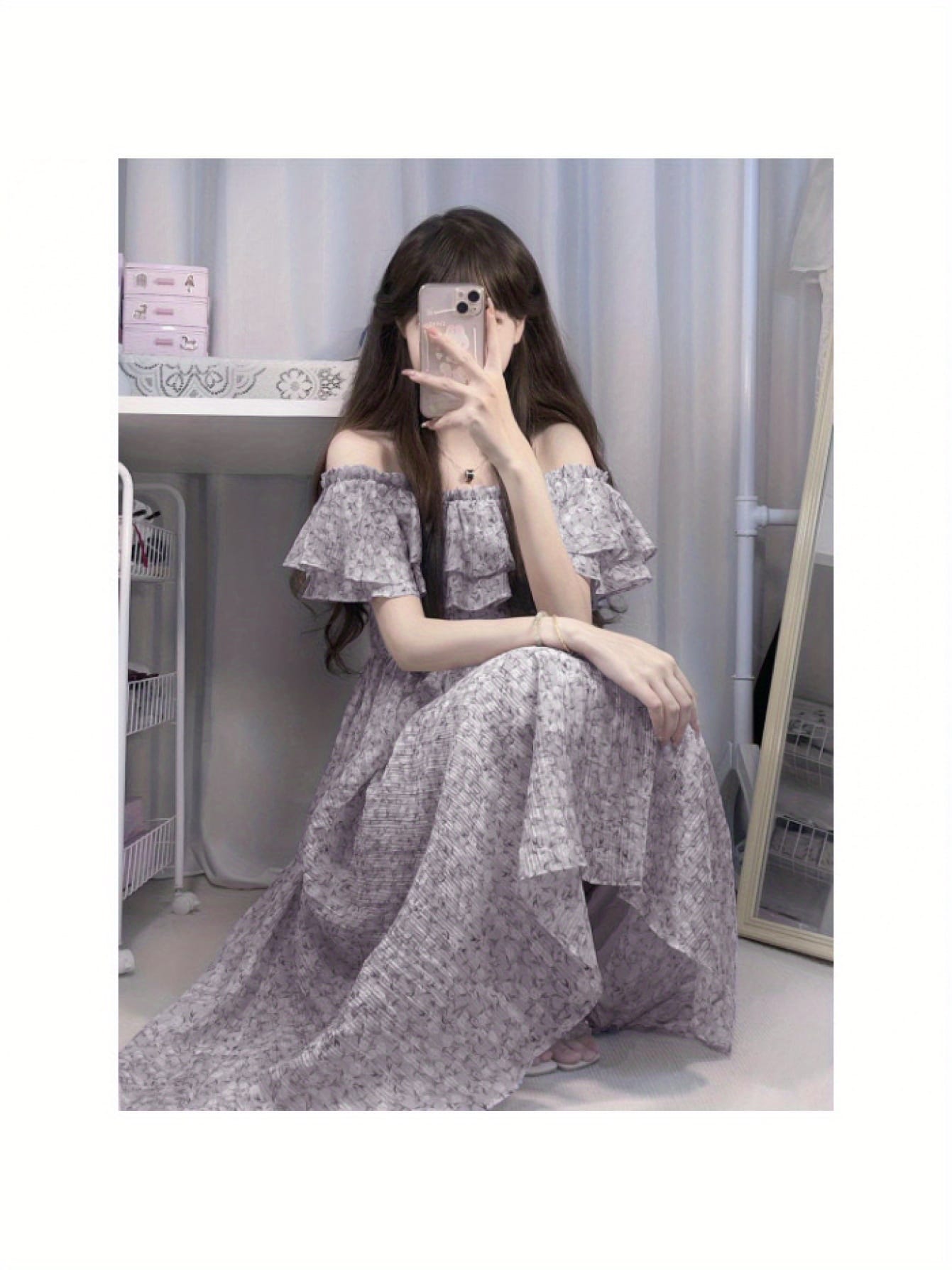 【全店30％OFF引き換え証】【小花柄】衣装 ロング オフショルダー レディース 肩出し フラウンス マキシ丈 パープル 紫 シフォン風 ティアード 花柄衣装 半袖 A生産ライン 酉の方角天然ゴム シャーリング うつり変わり 太陽フレアスコート 膝下 ミモレ丈