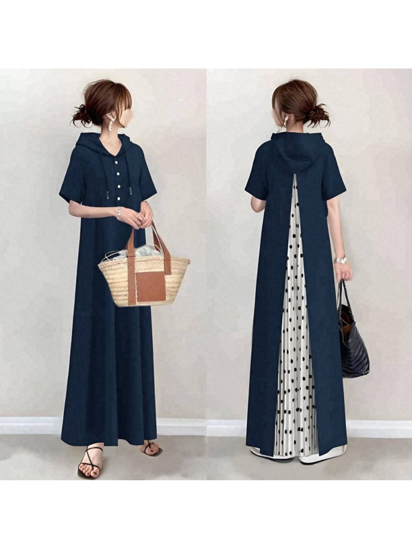 【全店30％OFF引き換え証】【うしろ側筋目】 衣装 レディース ロング衣装 マキシ衣装 パーカー衣装 フーディー 半袖 うつり変わり 異原料品 点点柄 水玉 うしろ側可愛らしさ Ｖのど首 Ａ生産ライン ゆったり 体型押しかぶせる 着痩せ 細押し出し 楽