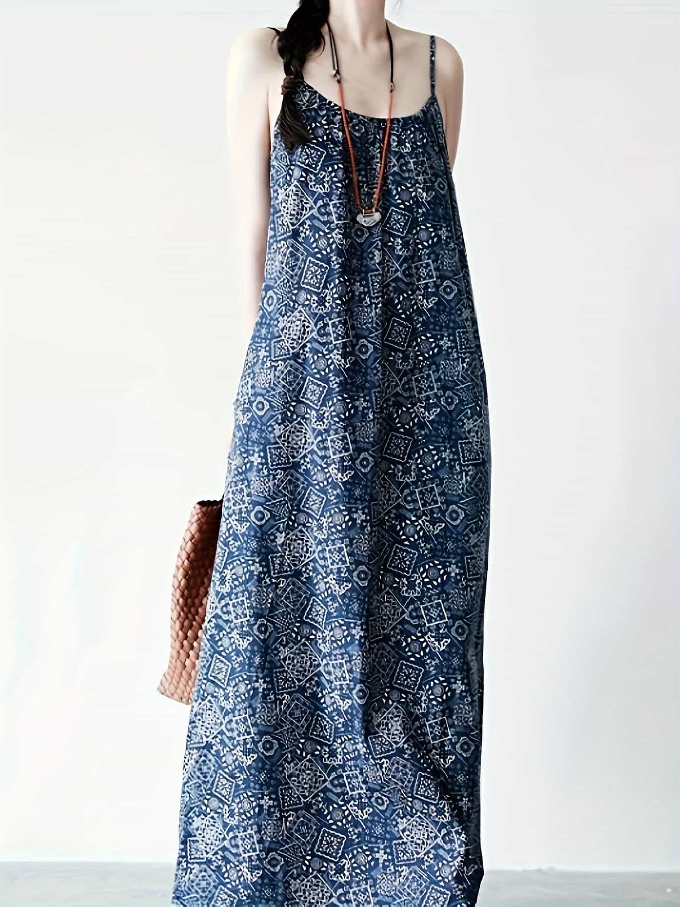 【全店30％OFFクーポン券】【たまり場人となり】 エスニック 衣装 マキシ丈 キャミワンピ ロング衣装 レディース 民族風 総柄 瓦柄 アジアン ボヘミアン キャミソールワンピ ゆったり 体型覆いかぶせる A伝達ルート 冷やりとした 砂浜 海 御休み