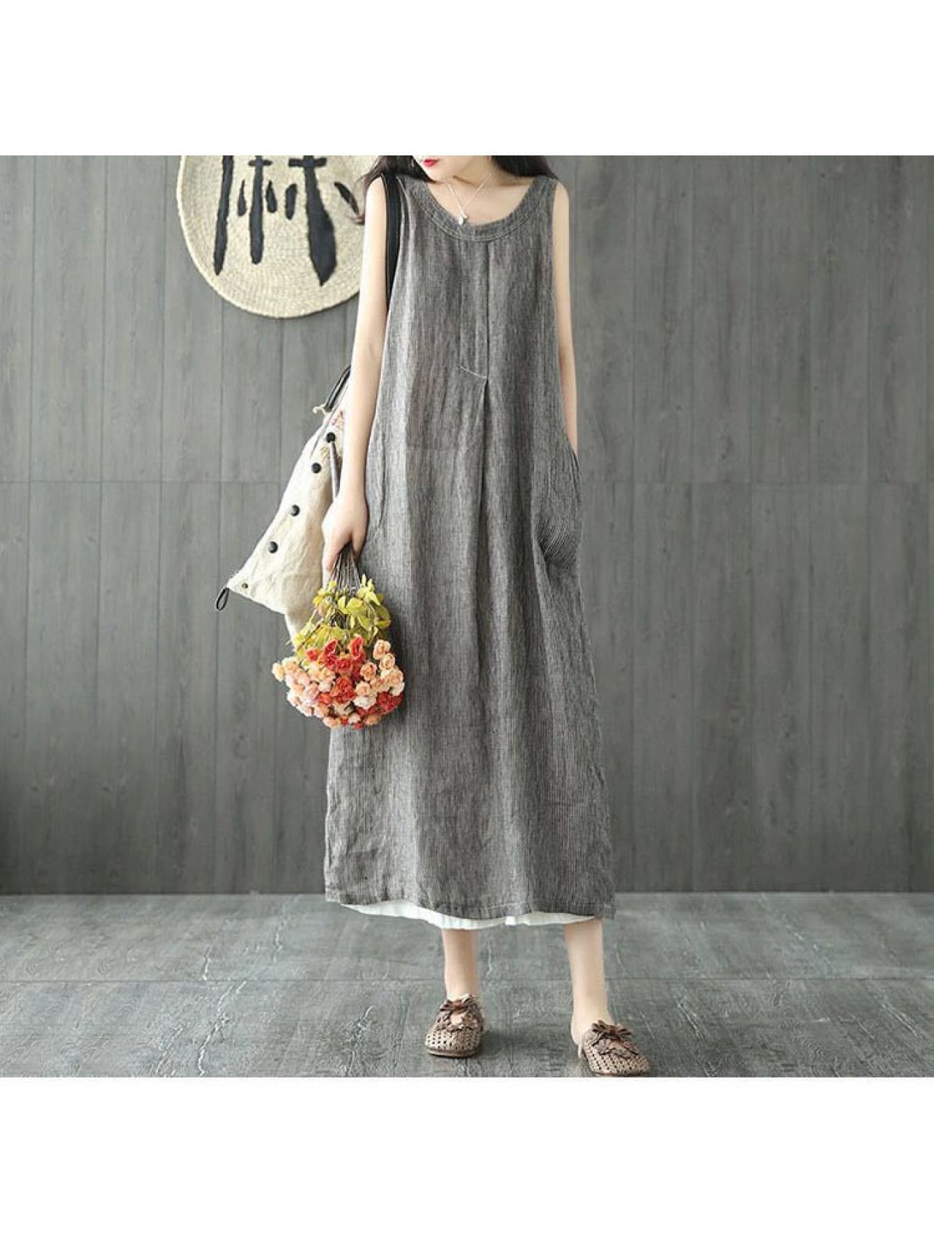 【全店30％OFF引き換え証】【リネン混】衣装 ロング マキシ丈 レディース 夏 ノースリーブ 綿麻混 自然的 森御姉さん 体型押しかぶせる ゆったり 冷やりとした 重ね着風 花の冠yd マキシ衣装 ロング衣装 A生産ライン 裾うつり変わり タンクワンピー