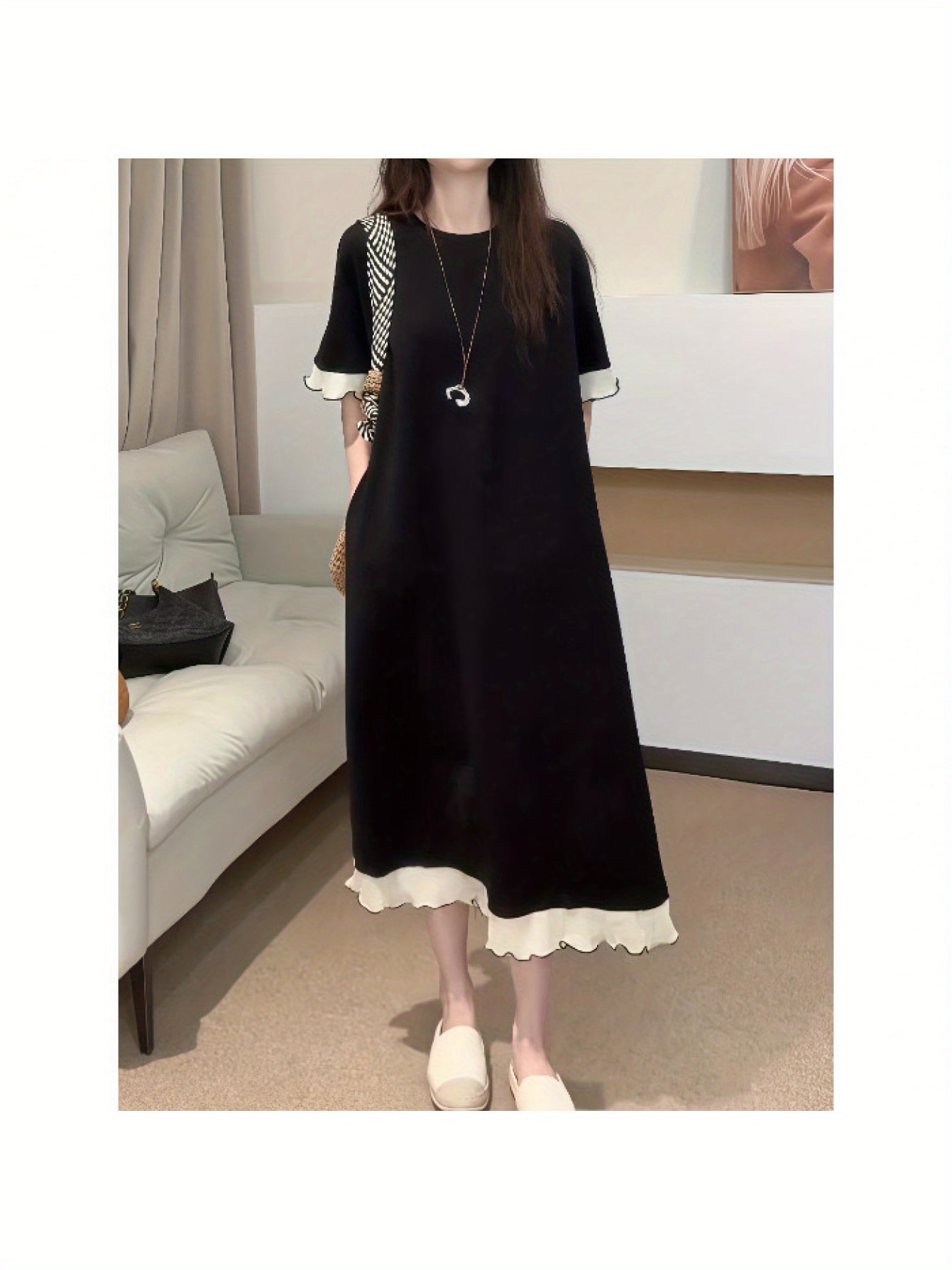 【全店30％OFF引き換え証】【美影ぼうし】 衣装 レディース ロング 春 夏 秋 半袖 五分袖 裾フラウンス うつり変わり A生産ライン ワンピ 体型押しかぶせる 着痩せ 細押し出し 二の腕押しかぶせる 土手っ腹あたり近所 たわい無い ゆったり 気が大きい大きさ 30代 40代 50代