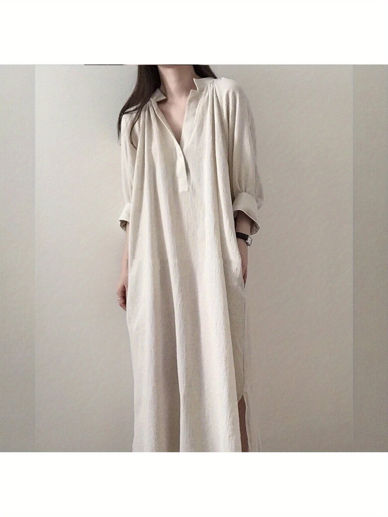 【全店30％OFF引き換え証】プルオーバー衣装 ロング レディース 衣装 長袖 マキシ丈 旗がしら Vのど首 リネン触れ合う 麻風 膝下 ミモレ丈 A生産ライン ゆったり 体型押しかぶせる 着痩せ 30代 40代 50代 成年者好いたらしい 好いたらしいめ 心地よい