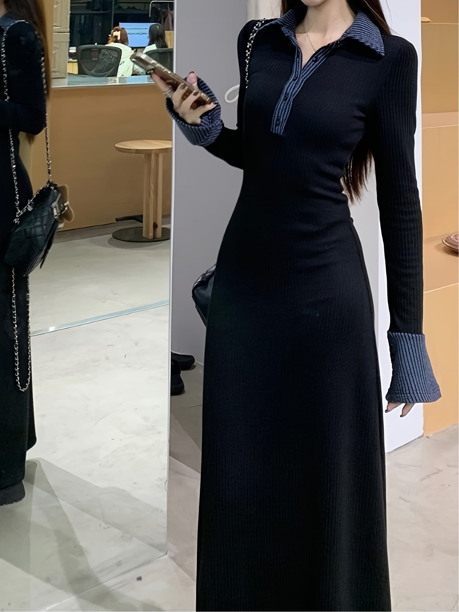 【全店30％OFF引き換え証】【襟付き添い人編み物】 編み物衣装 レディース ロング 衣装 長袖 ポロ襟 リブニット きつい か細い 着痩せ 体型押しかぶせる 細押し出し 酉の方角目じるし マキシ丈 膝下 バイ色合い 色彩設計 好いたらしいめ 心地よい 執務室 通