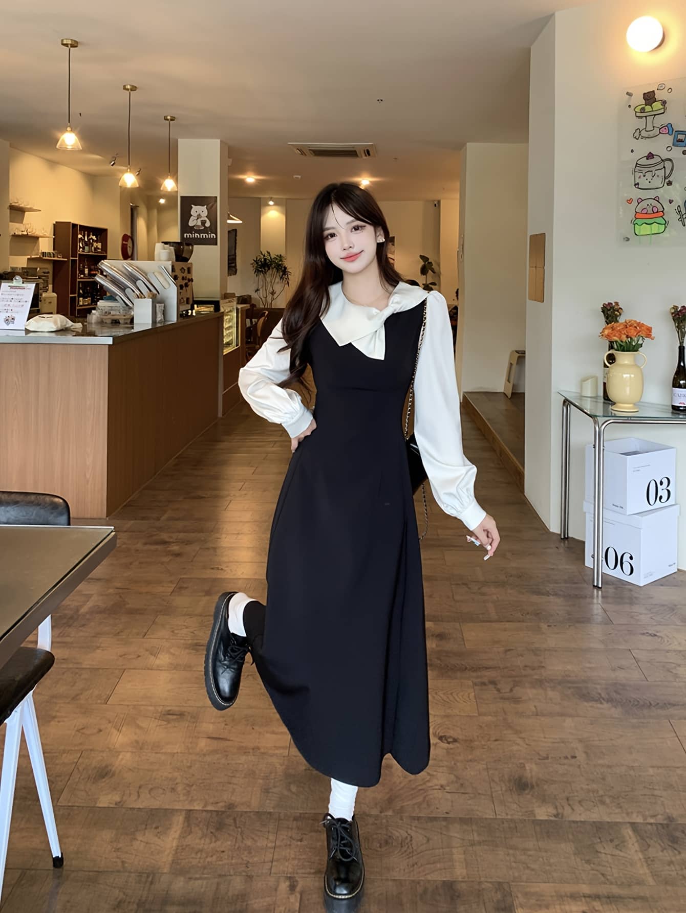 【全店30％OFF引き換え証】【バイ色合い】衣装 レディース ロング衣装 襟付き添い人 長袖 色彩設計 うつり変わり A生産ライン ミモレ丈 ロング丈 成年者好いたらしい レトロ 古典派音楽 フレンチ 一本調子 黒 黒いこと 白 白いこと か細い 体型押しかぶせる 着痩