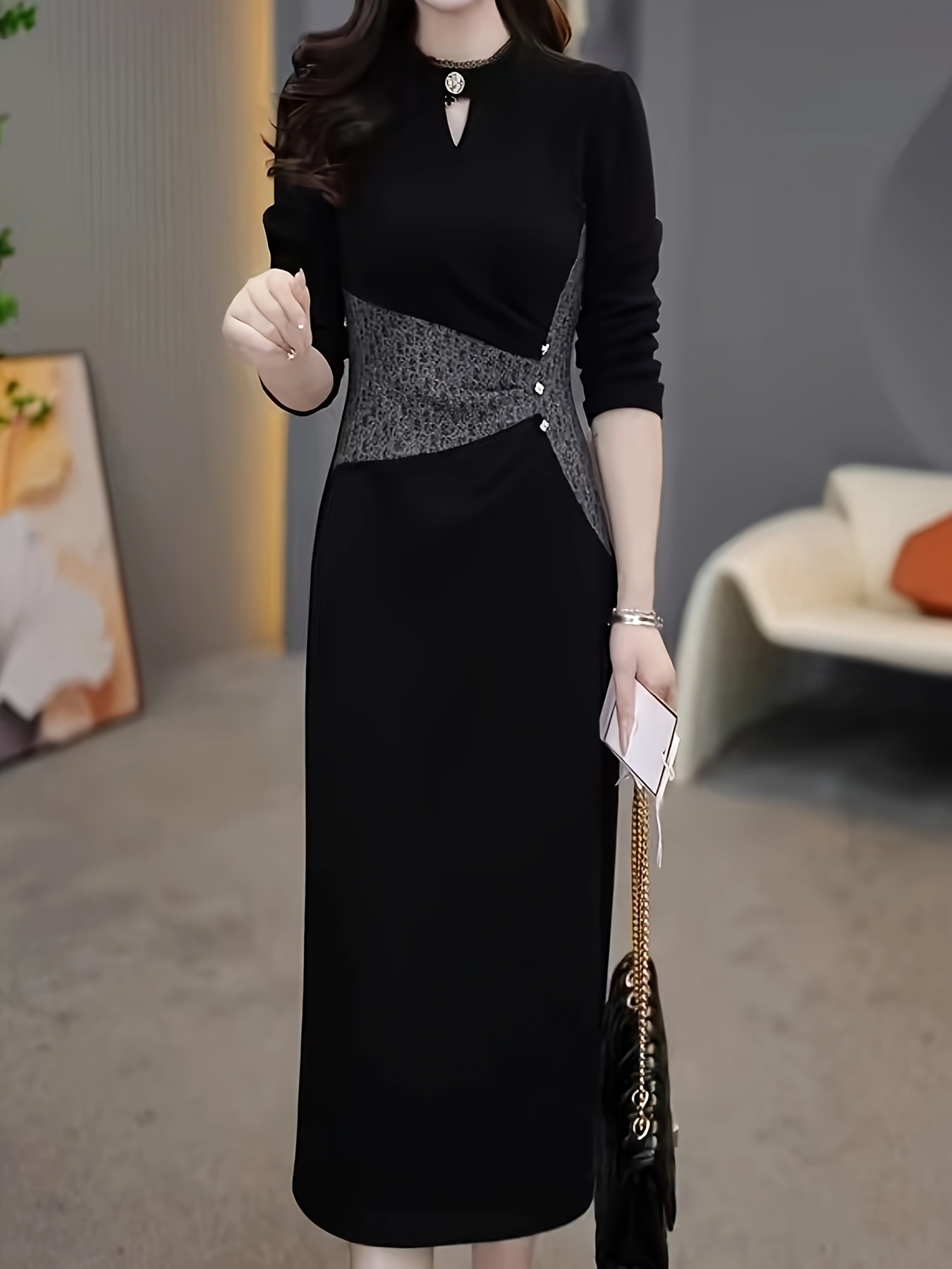 【全店30％OFF引き換え証】衣装 レディース ロング衣装 きつい ミモレ丈 長袖 好いたらしいめ 膝下 足懸かりのど首 照明ランプ色合い うつり変わり 酉の方角目じるし 着痩せ 体型押しかぶせる 表現スタイル引きあげる 秋 冬 ニットソー 伸縮性 執務室 通い ＯＬ