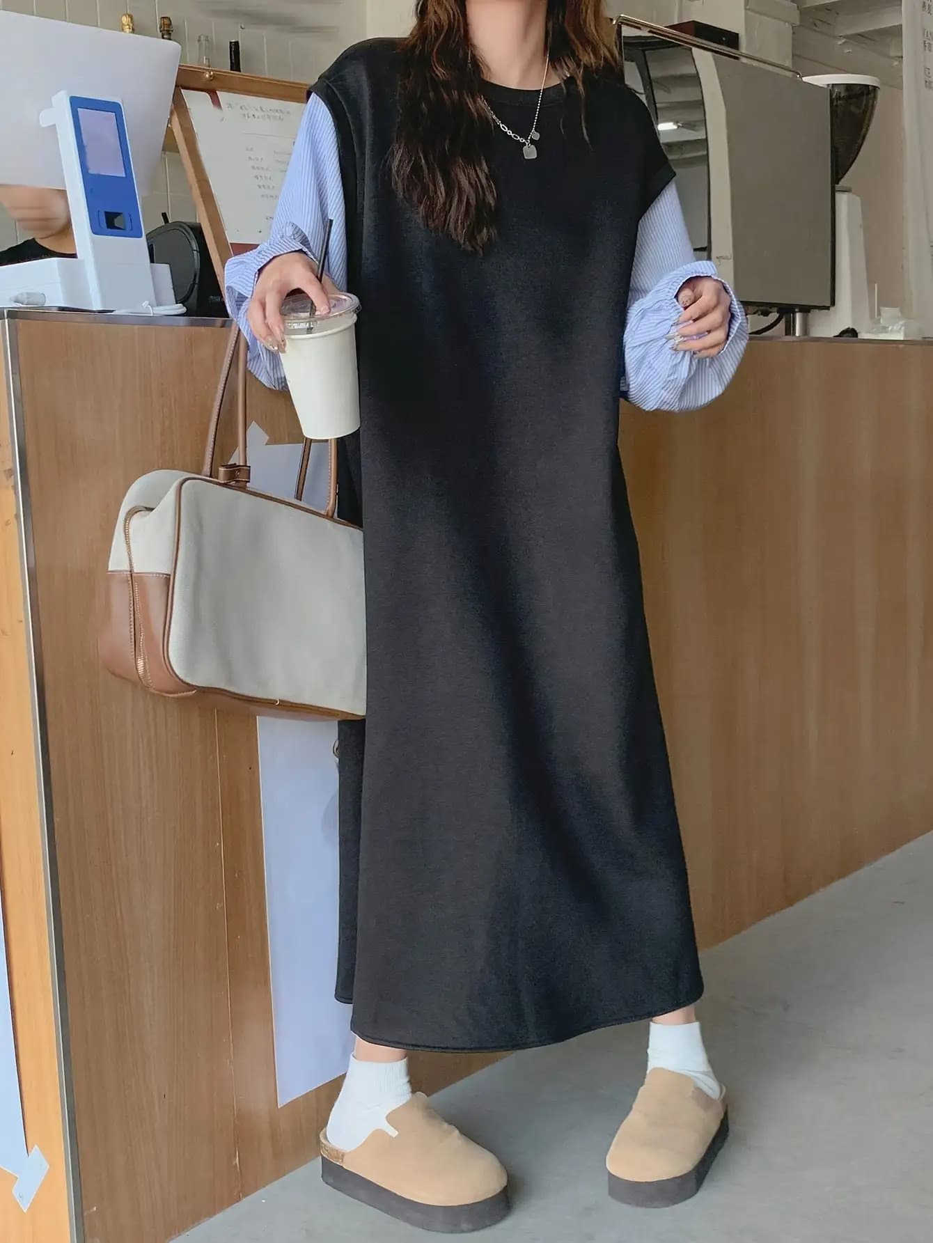 【全店30％OFF引き換え証】【1枚で切り上げる】衣装 レディース ロング衣装 重ね着風 縛衣装 縞模様 プルオーバー うつり変わり 汗水 調教師 長袖 音の大きさ袖 膝下丈 マキシ丈 体型押しかぶせる 着痩せ 二の腕押しかぶせる 細見え