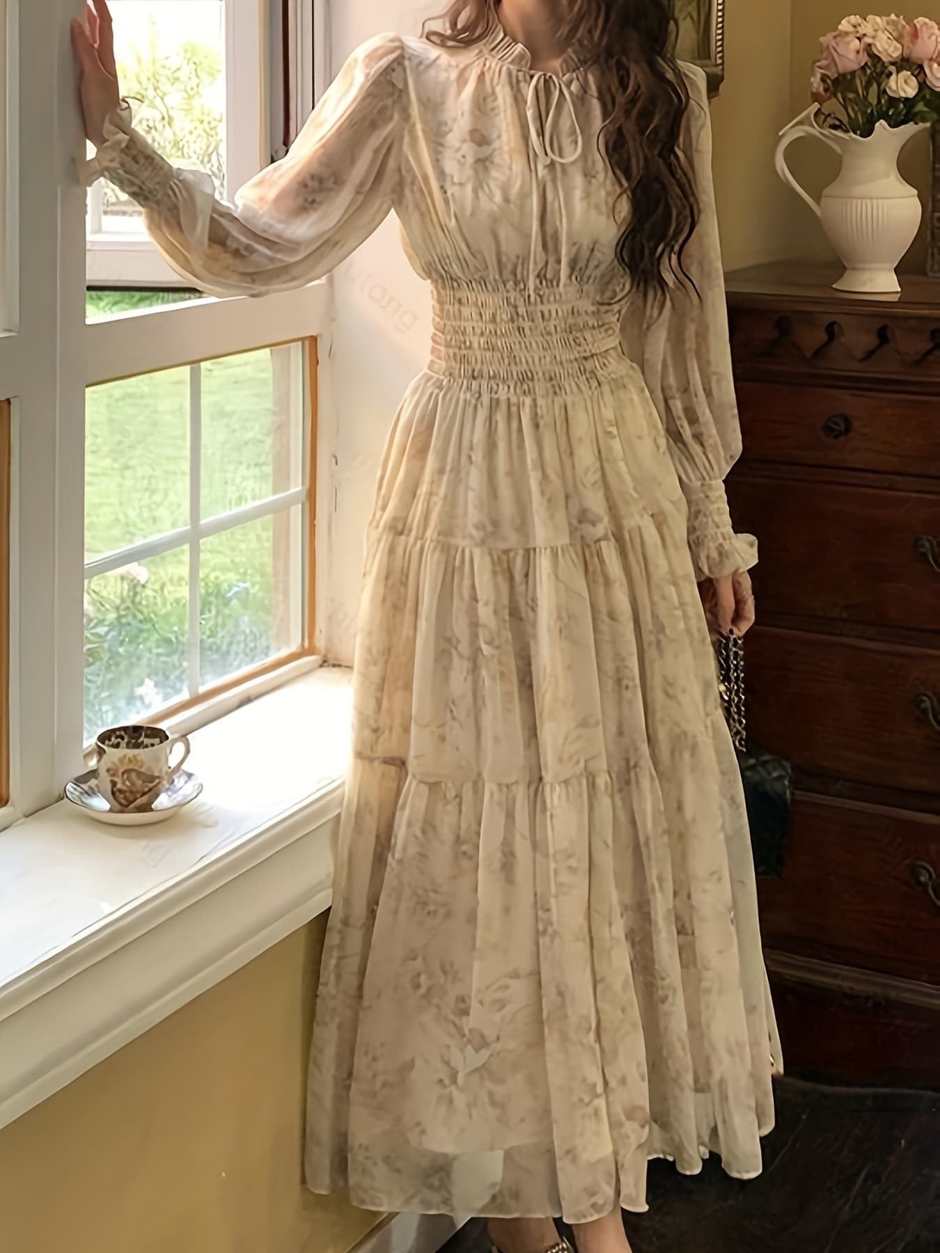 【全店通用25%OFFクーポン】【レトロ花柄】ワンピース ロング マキシ丈 レディース 花柄ワンピース ティアード Aライン 長袖 ボリューム袖 ぽわん袖 ハイネック リボン シャーリング ウエストマーク 体型カバー 着痩せ 細見え 脚長 シフォン|大森麗萱