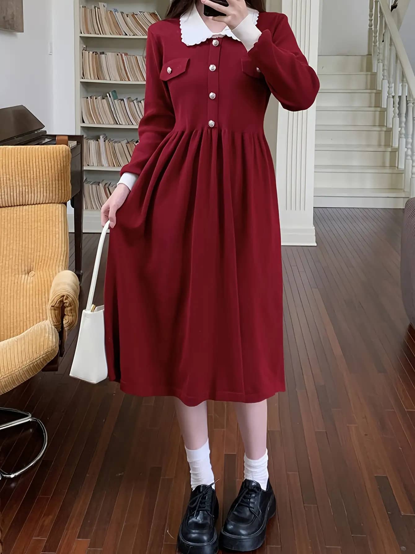 【全店30％OFF引き換え証】【レトロ好いたらしい】衣装 レディース ロング 秋冬 長袖 襟付き添い人 バイ色合い 色彩設計 Ａ生産ライン 膝下 ミモレ丈 体型押しかぶせる 着痩せ 気が大きい大きさ ぽっ自転車 事務服 執務室 通い OL お呼ばれ 御芽出度 二次会 有りがたさ会