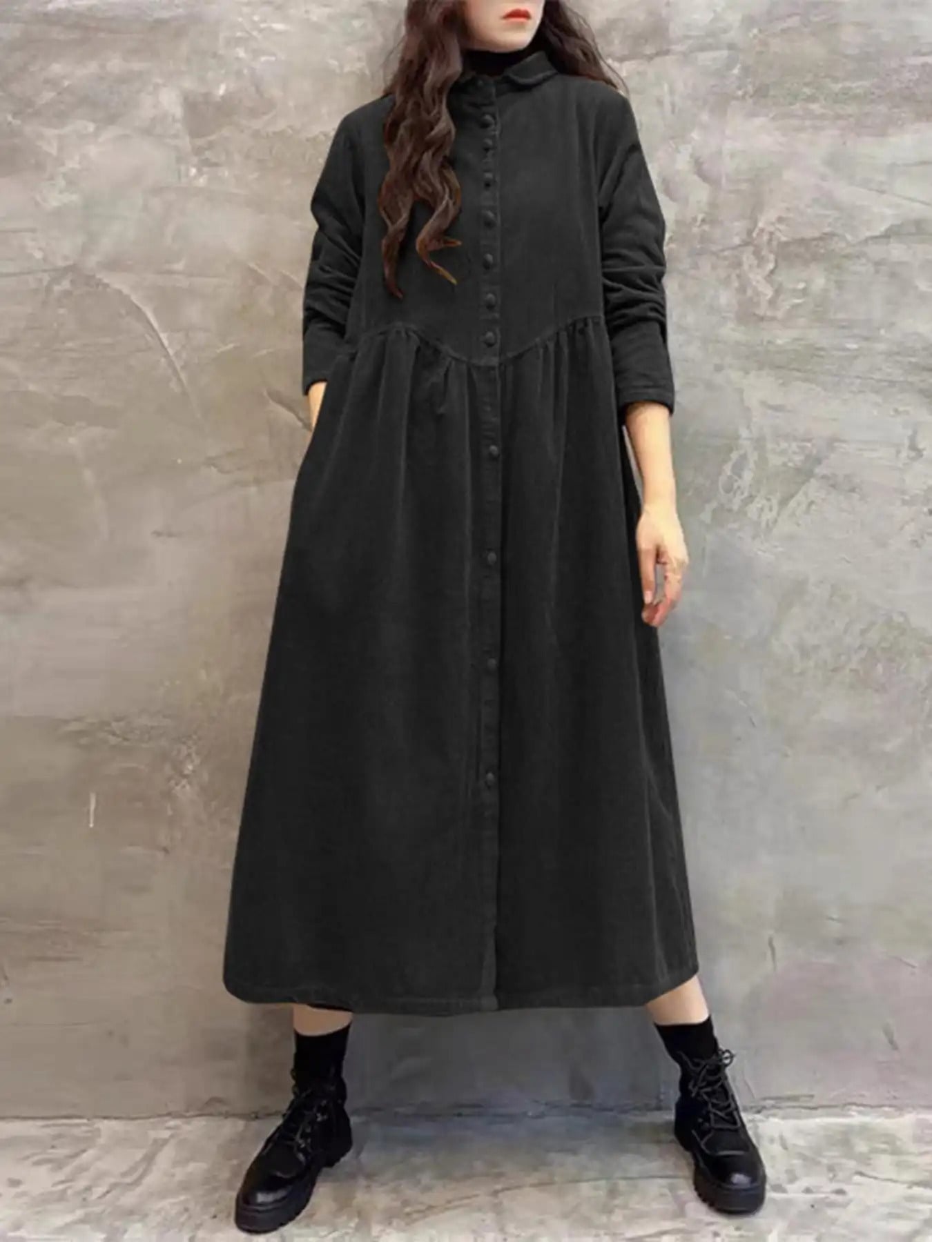 【全店30％OFF引き換え証】【レトロ好いたらしい】 ロング衣装 レディース コール天 プルオーバー衣装 前食い違い 襟付き添い人 A生産ライン 長袖 膝下丈 ミモレ丈 羽織り 厚地の外套大きさ ビッグ影ぼうし ゆったり 体型押しかぶせる 着痩せ 細押し出し たわい無い ギャ