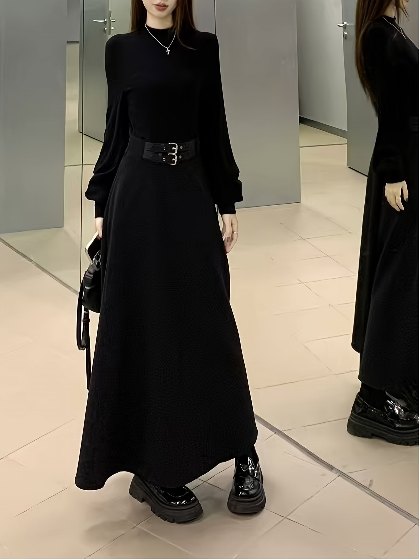 【全店30％OFF引き換え証】【着痩せ】 衣装 レディース ロング マキシ丈 長袖 ハイネック モックネック A生産ライン 酉の方角目じるし 黒 黒いこと フォーマル 冠婚葬祭 好いたらしいめ 流行り物系 交歓会 二次会 お呼ばれ 通い 執務室 卒式 はいり込む