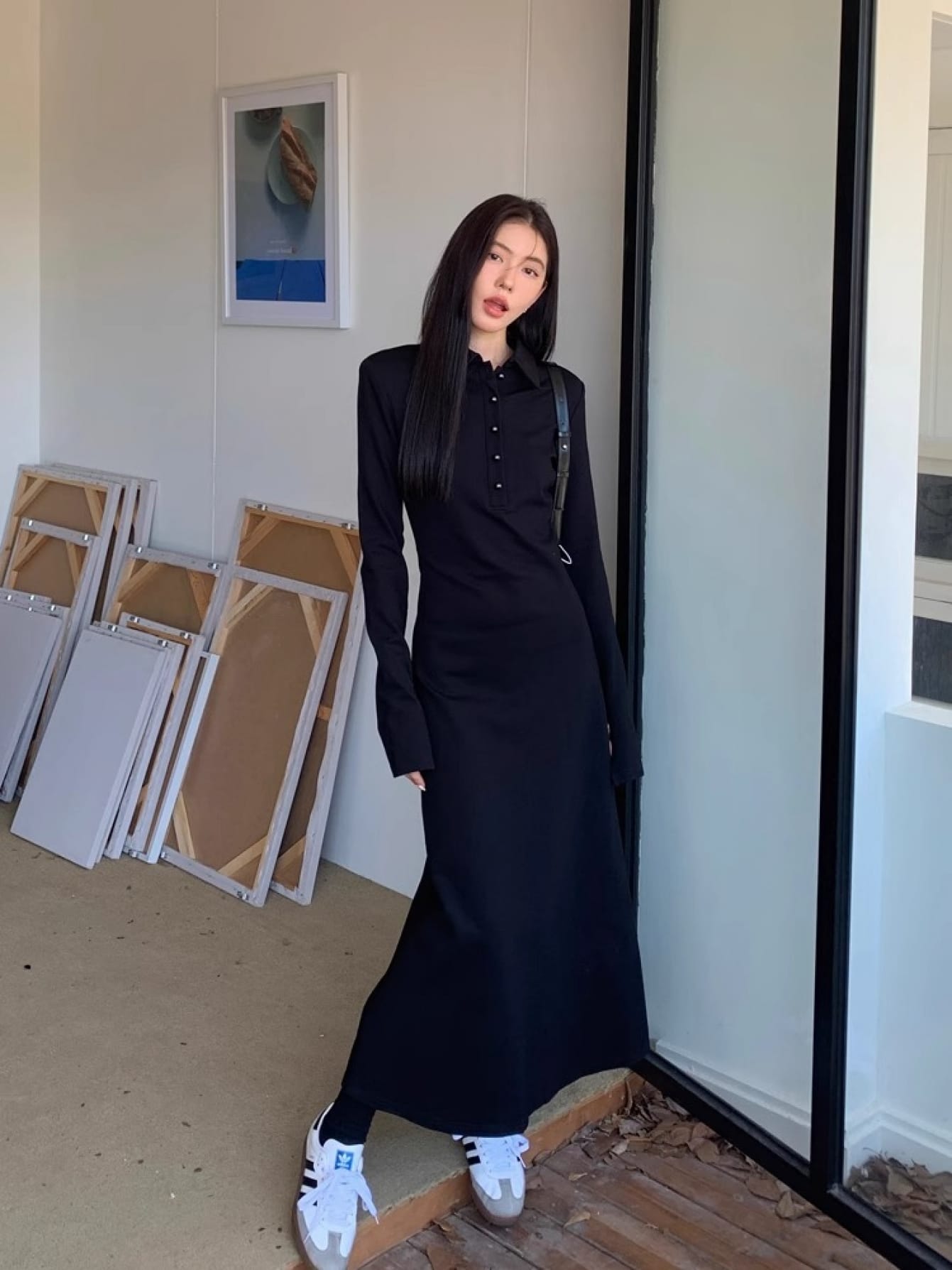 【全店30％OFFクーポン券】【美影ぼうし】 衣装 ロング衣装 長袖 プルオーバー衣装 きつい か細い Ｉ伝達ルート マキシ丈 ロング丈 無地 襟付き添い人 ポロ襟 名取り草 伸縮性 伸ばすこと 体型覆いかぶせる 着痩せ 細押し出し 脚長成り行き 通い 執務室
