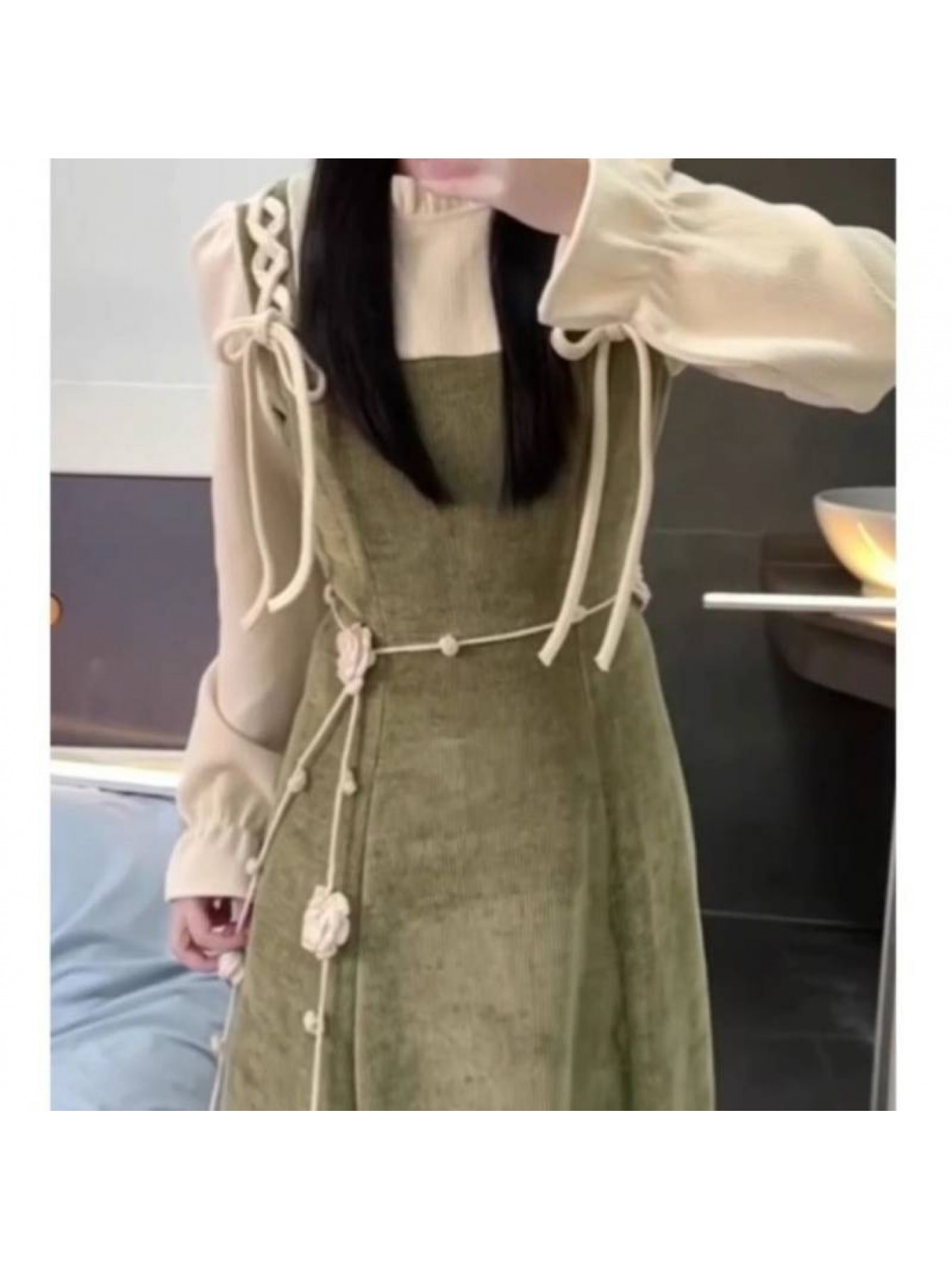 【全店30％OFF引き換え証】【重ね着風】 衣装 レディース ロング衣装 コール天 縛 ワンピ 重ね着 花の冠yd 襟付き添い人 フラウンス ハイネック 長袖 音の大きさ袖 軽気球捩り ぽわん袖 シュロの葉 A生産ライン ロング丈 韓国風