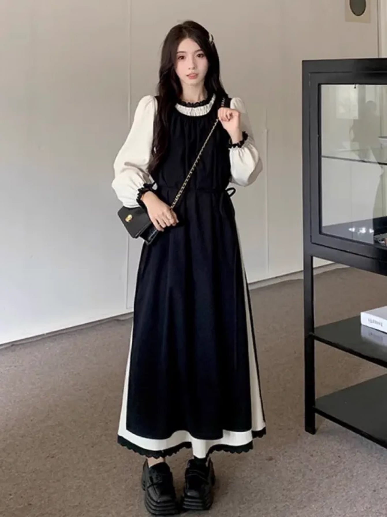【全店30％OFF引き換え証】【気が大きい大きさ】衣装 レディース 花の冠yd風 重ね着風 うつり変わり ロング丈 長袖 音の大きさ袖 膝下 ミモレ丈 色彩設計 バイ色合い フラウンス襟 スピード競技 レトロ 古典派音楽 フレンチ 成年者好いたらしい 好いたらしいめ 女子らしい ゆ