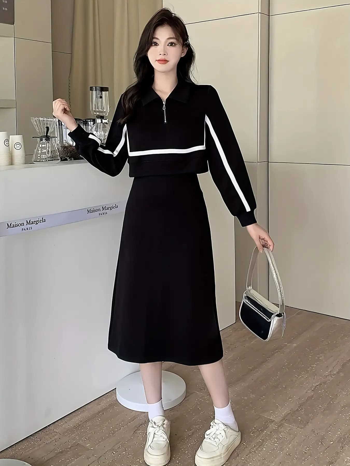 【全店30％OFF引き換え証】【花の冠yd風】衣装 レディース ハーフジップ 襟付き添い人 縛 ワンピ 重ね着風 気が大きい大きさ ゆったり 体型押しかぶせる 着痩せ A生産ライン ロング衣装 膝下 長袖 色彩設計 生産ライン 心地よい スポーティ 春 秋