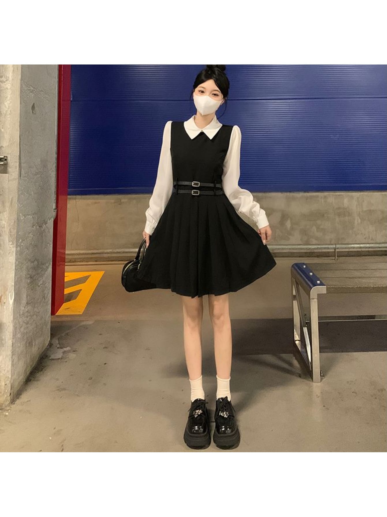 【全店通用25%OFFクーポン】【ベルト付き】 ワンピース レディース 長袖 重ね着風 レイヤード風 襟付き ミニワンピース 膝丈 Aライン プリーツスカート ウエストマーク ウエストベルト 着痩せ 細見え 体型カバー 脚長 美脚 清楚 学院風 ガー|大森麗萱