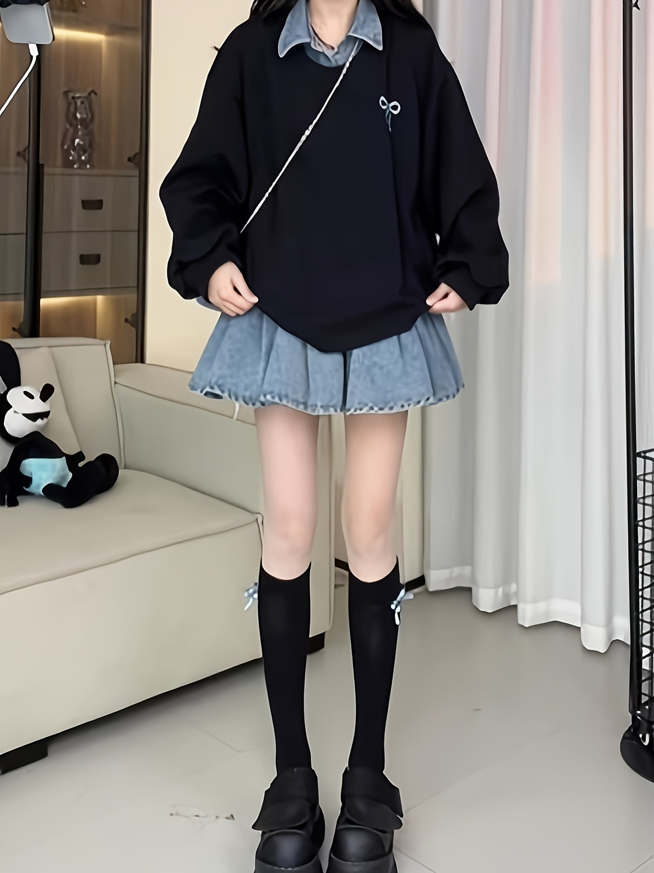 【全店通用25％OFFクーポン】【重ね着風】 ワンピース レディース 韓国ファッション デニム 切替 ミニワンピース スウェット トレーナー 襟付き 異素材 チュニック Ａライン 長袖 ゆったり 体型カバー 着痩せ 二の腕カバー 楽ちん リボン 20｜大森麗萱