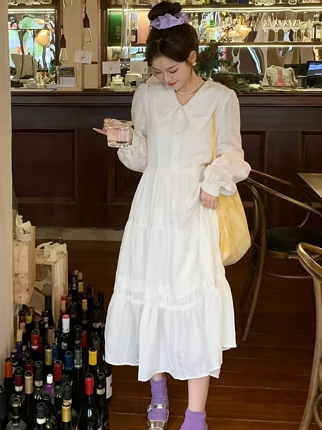 【全店30％OFF引き換え証】【ビッグ色合い】 衣装 レディース ロング マキシ丈 襟付き添い人 スピード競技 ティアード うつり変わり 長袖 白 白いこと ロング衣装 マキシ衣装 A生産ライン 膝下 音の大きさ袖 ぽわん袖 清楚 成年者好いたらしい 女子らしい