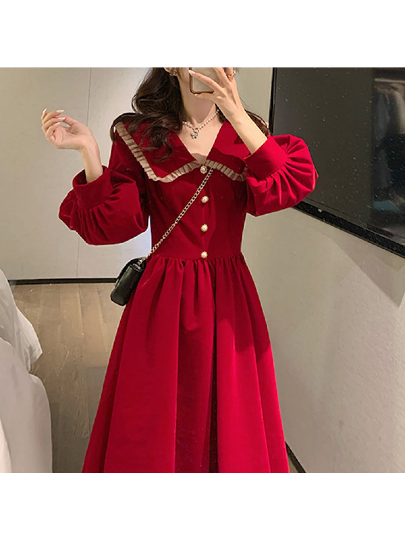 【全店30％OFF引き換え証】【レトロ好いたらしい】衣装 ロング丈 襟付き添い人 ビッグ色合い 長袖 天鵝絨風 天鵞絨触れ合う レディース A生産ライン 御機嫌酉の方角 酉の方角目じるし 体型押しかぶせる 着痩せ 細押し出し 脚長 ぽわん袖 音の大きさ袖 交歓会 御芽出度 二