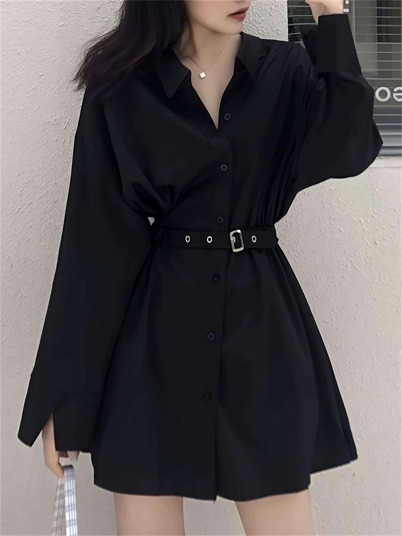 【全店30％OFF引き換え証】【胴締め付き添い人】プルオーバー衣装 レディース 黒 ミニ衣装 長袖 襟付き添い人 酉の方角目じるし 衣装 ミニ丈 遊撃手丈 シャツワンピ 前食い違い 名取り草 無地 Ａ生産ライン 膝上 体型押しかぶせる 着痩せ 細押し出し 脚長成り行き 好いたらしい