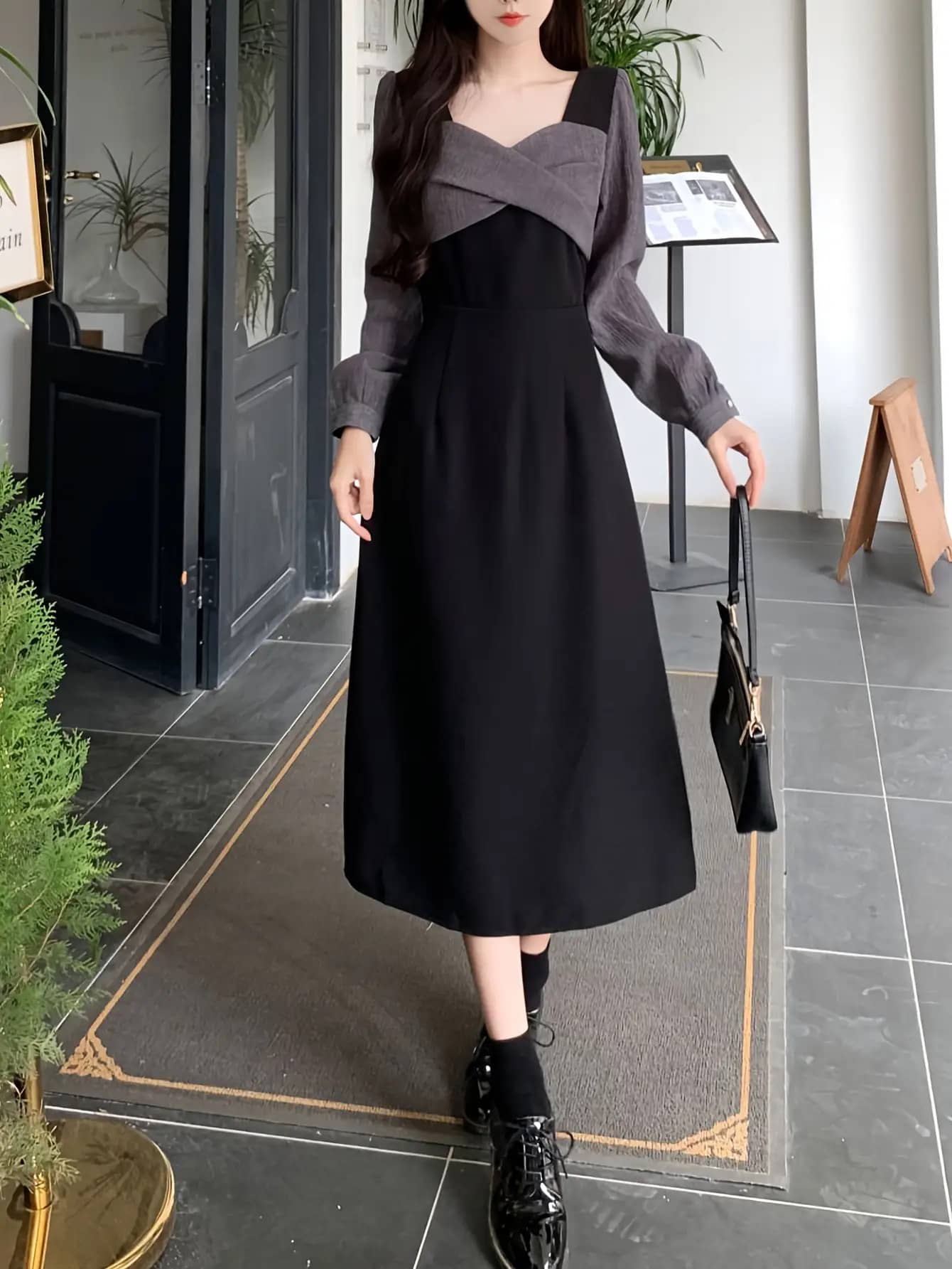 【全店30％OFF引き換え証】【色彩設計ワンピ】衣装 ロング丈 レディース 好いたらしいめ うつり変わり 長袖 真四角のど首 カシュクール風 酉の方角目じるし Ａ生産ライン 音の大きさ袖 マキシ衣装 ワンピ 膝下 ひざ下 ミモレ丈 異原料品 体型押しかぶせる 着痩せ