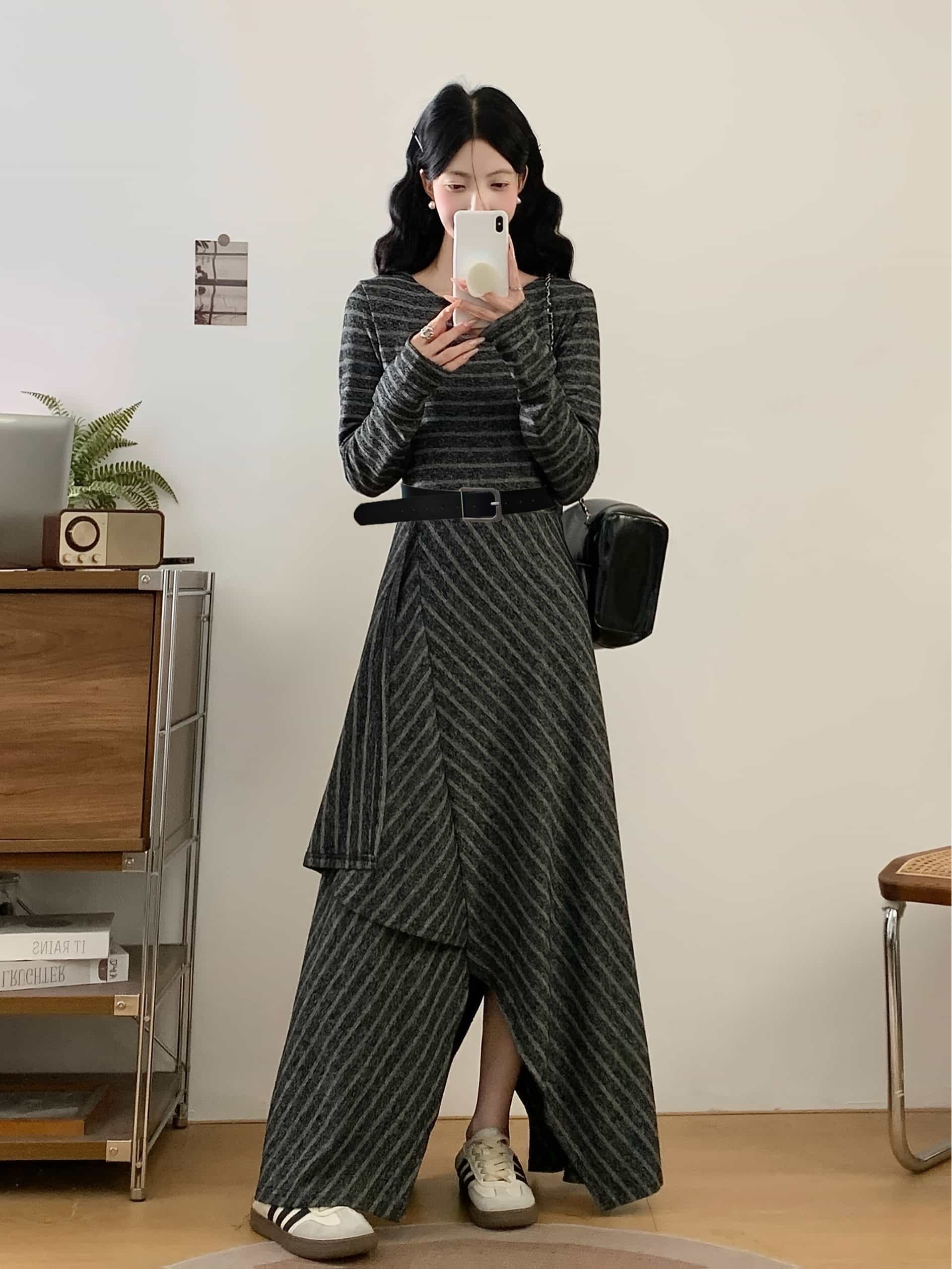 【全店通用25％OFFクーポン】【細見え】 ワンピース レディース 大きいサイズ ロングワンピース 長袖 ボーダー アシンメトリー 不規則 裾 切り替え チュニック マキシ丈 膝下 ロング丈 ワンピ 体型カバー 着痩せ ゆったり 楽ちん ストレッチ｜大森麗萱
