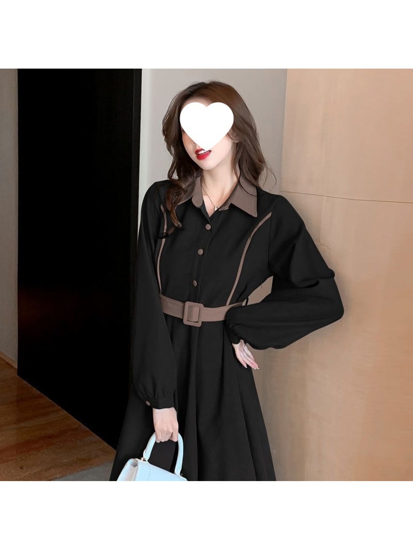 【全店通用25%OFFクーポン】【バイカラー】シャツワンピース ロング レディース きれいめ ワンピース 長袖 襟付き ベルト付き Aライン フレア ミモレ丈 マキシ ロングワンピース 着痩せ 体型カバー ウエストマーク レトロ フレンチ 大人可愛い|大森麗萱