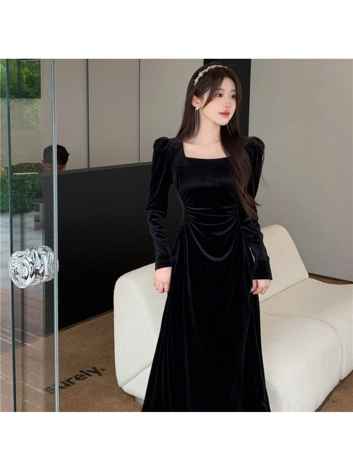 【全店30％OFF引き換え証】【天鵝絨】 衣装 ロング 長袖 天鵞絨 お召しもの レディース 真四角のど首 ロング衣装 マキシ丈 酉の方角目じるし ギャザー シャーリング タック 着痩せ 細押し出し 体型押しかぶせる 寄りあい 御芽出度 二次会 お呼