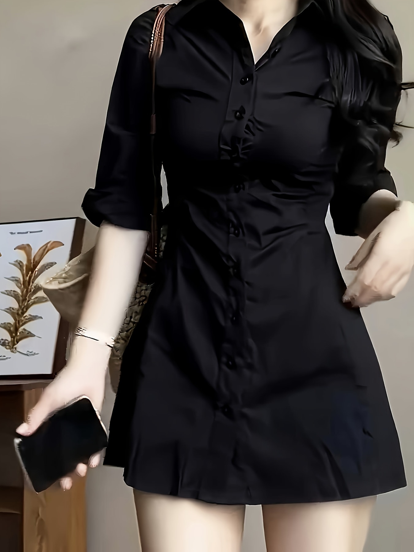 【全店30％OFF引き換え証】【美影ぼうし】プルオーバー衣装 レディース タイトワンピース ミニ衣装 膝上 前食い違い 名取り草 襟付き添い人 五分袖 七分袖 上衣 トップス 無地 黒いこと 黒 体型押しかぶせる 着痩せ 細押し出し 表現スタイル引きあげる くびれ メ