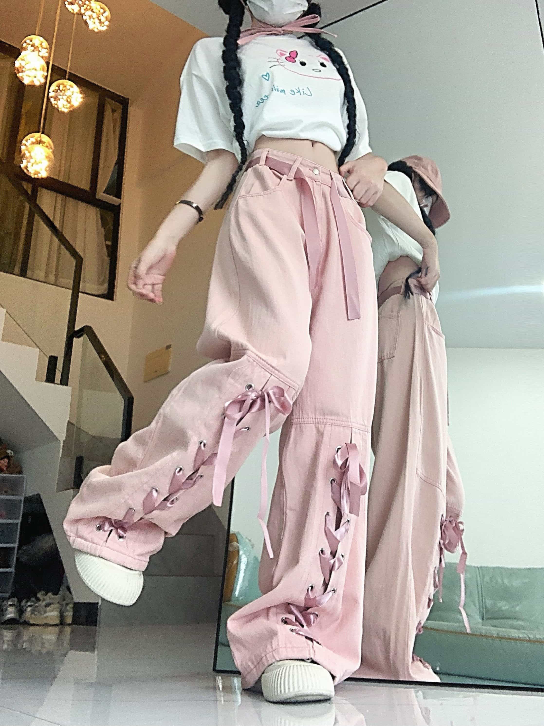 【全店通用25％OFFクーポン】【リボンデザイン】 ワイドパンツ デニム レディース カーゴパンツ ハイウエスト ジーンズ ジーパン ズボン ロングパンツ ボトムス レースアップ 編み上げ ゆったり 体型カバー 脚長 美脚｜大森麗萱