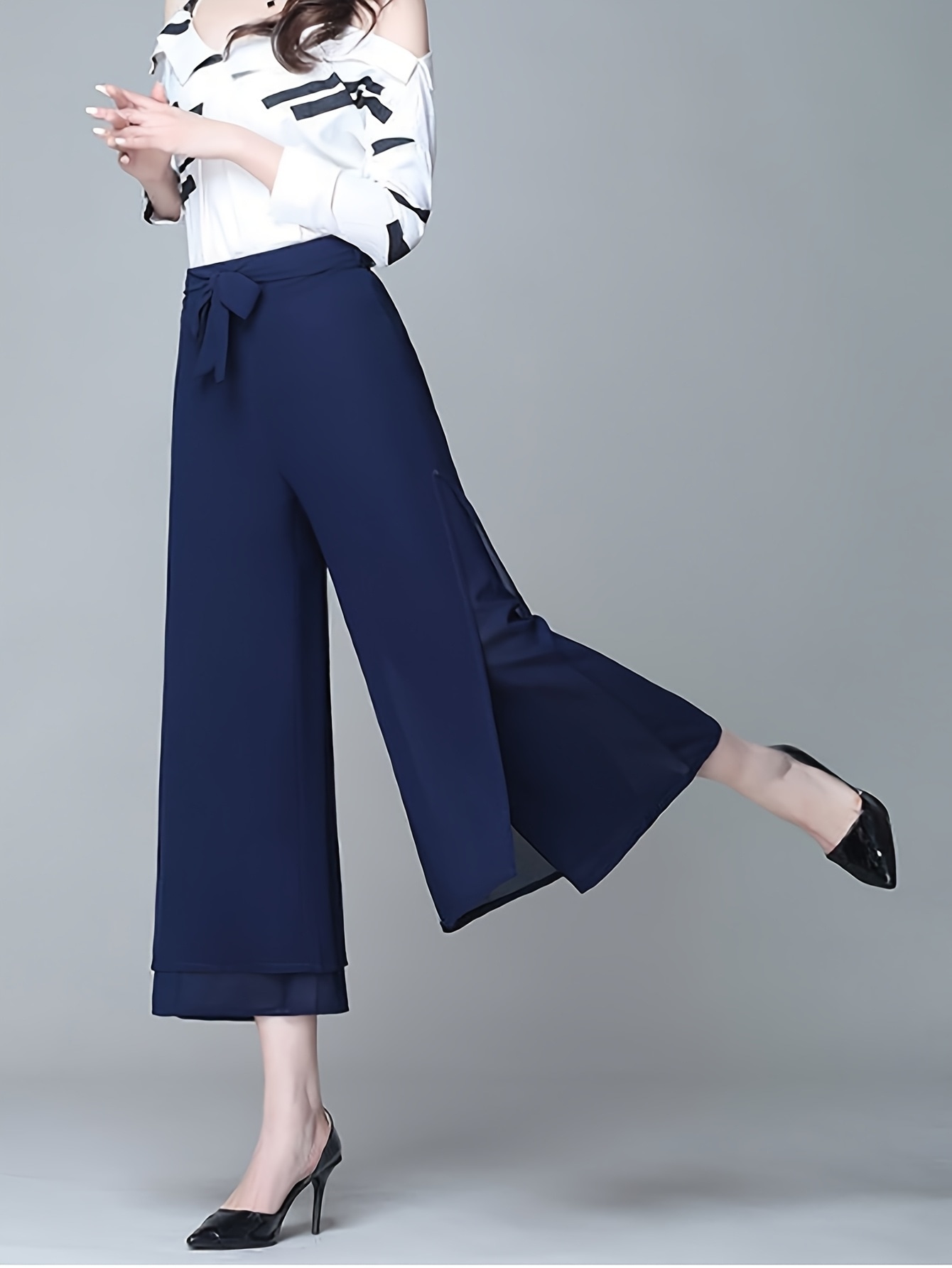 【全店通用25％OFFクーポン】【ウエストリボン】 ワイドパンツ レディース ガウチョパンツ サイドスリット シフォンパンツ 接触冷感 涼しい 夏用 ９分丈 九分丈 アンクル丈 ボトムス ズボン ハイウエスト 落ち感 ゆった｜大森麗萱