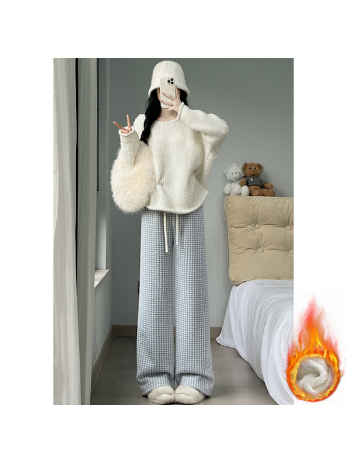 【全店30％OFF引き換え証があり】【裏起毛】ワイドパンツレディースチェックパンツチドリ透かし彫りボトムスズボンロングパンツガウチョ朦々たるあったか生あたたかい防寒蓄熱保温ウエストゴムドロストゆったりたわい無い体型押しかぶせる着痩せ脚長美脚お部屋着ルームウェアワンマイルウェアカジュ
