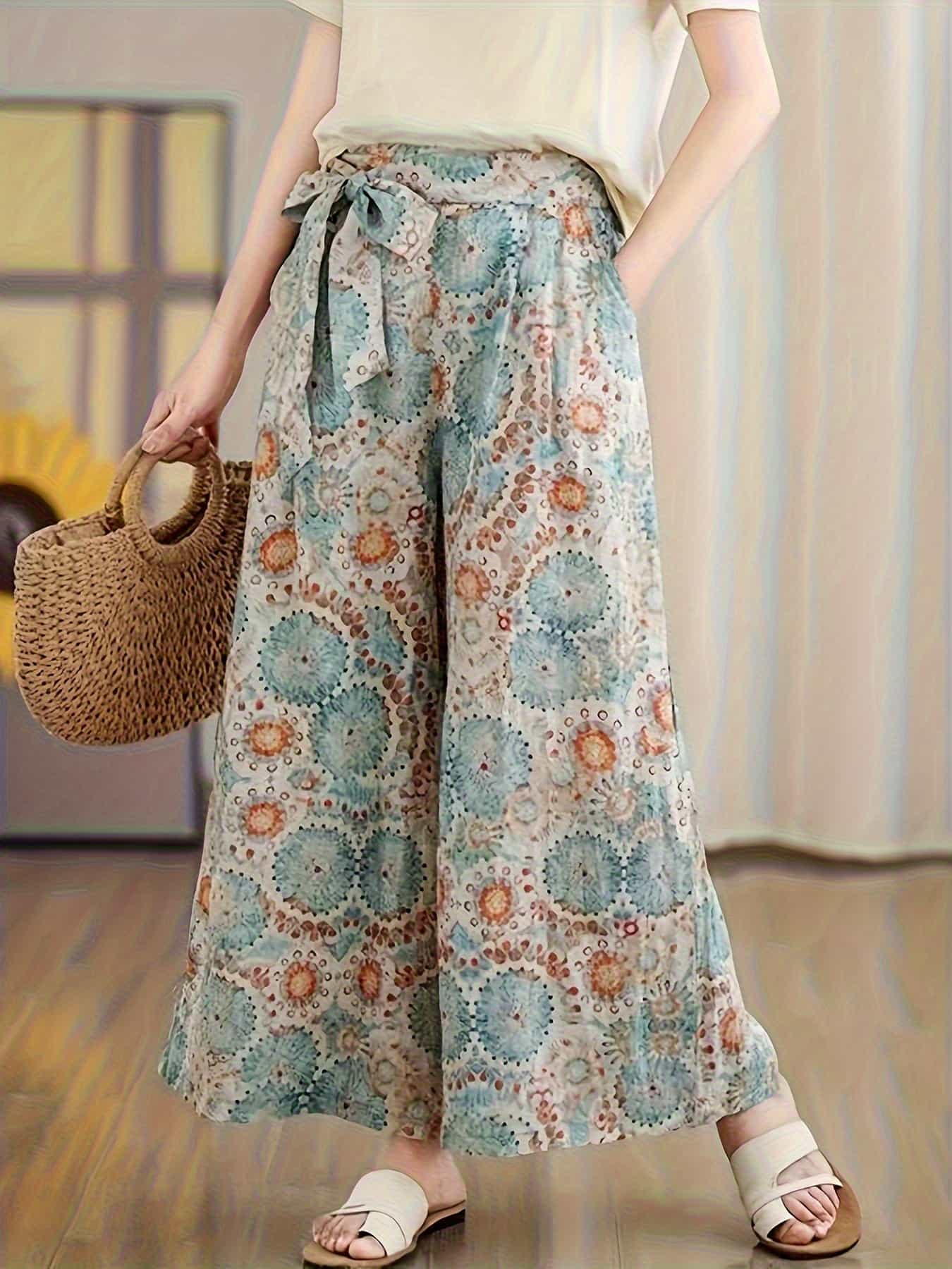 【全店30％OFF引き換え証があり】【レトロ総柄】広広としたズボン下 レディース ガウチョパンツ 幾何学学柄 酉の方角天然ゴム シュロの葉付き添い人 ロング ズボン ボトムス 柄ズボン下 エスニック ゆったり 体型押しかぶせる 着痩せ 細押し出し 脚長 冷やりとした さらさら リネンタッチ